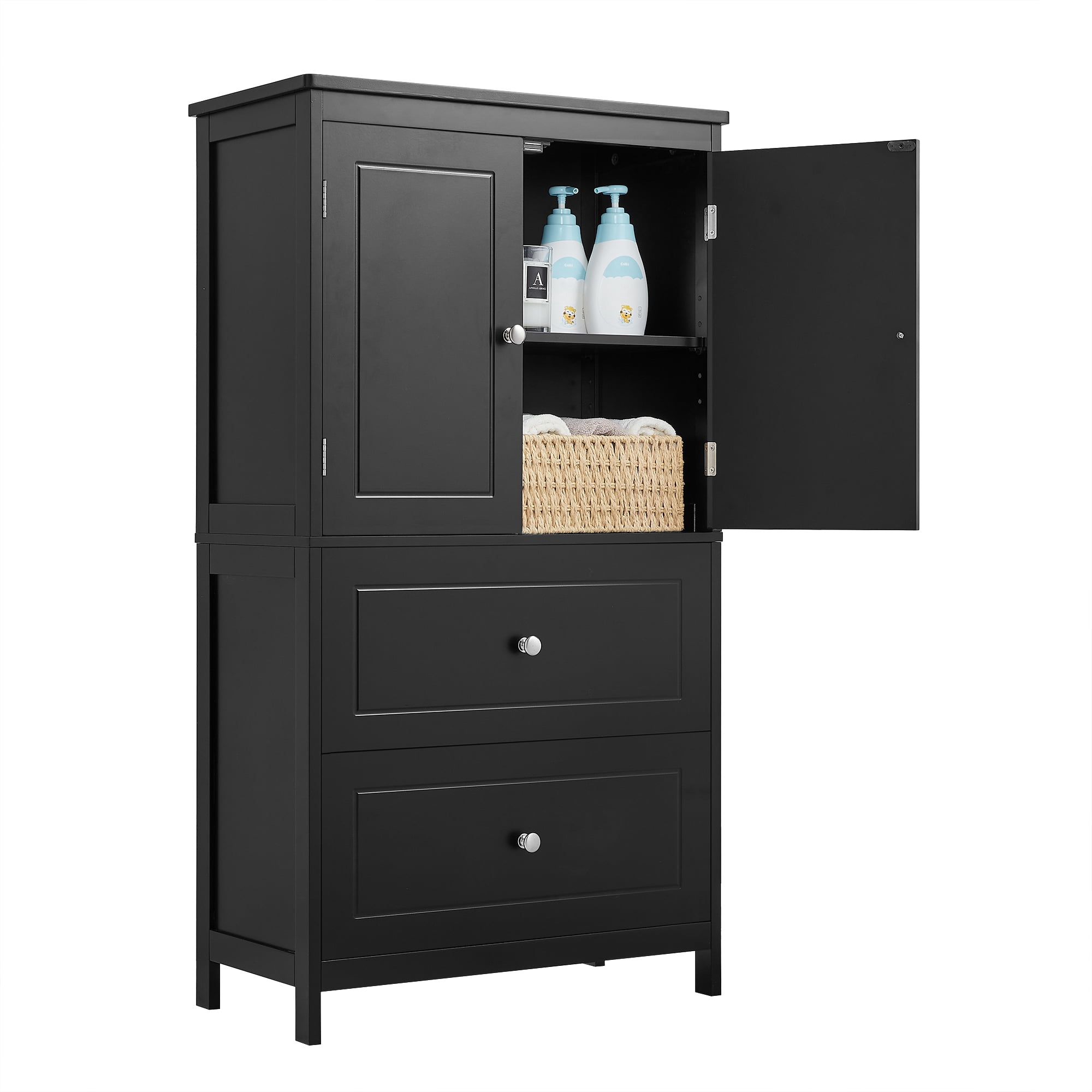 Bathroom Storage Cabinet with Two Doors and Drawers, Adjustable Shelf, MDF, Black