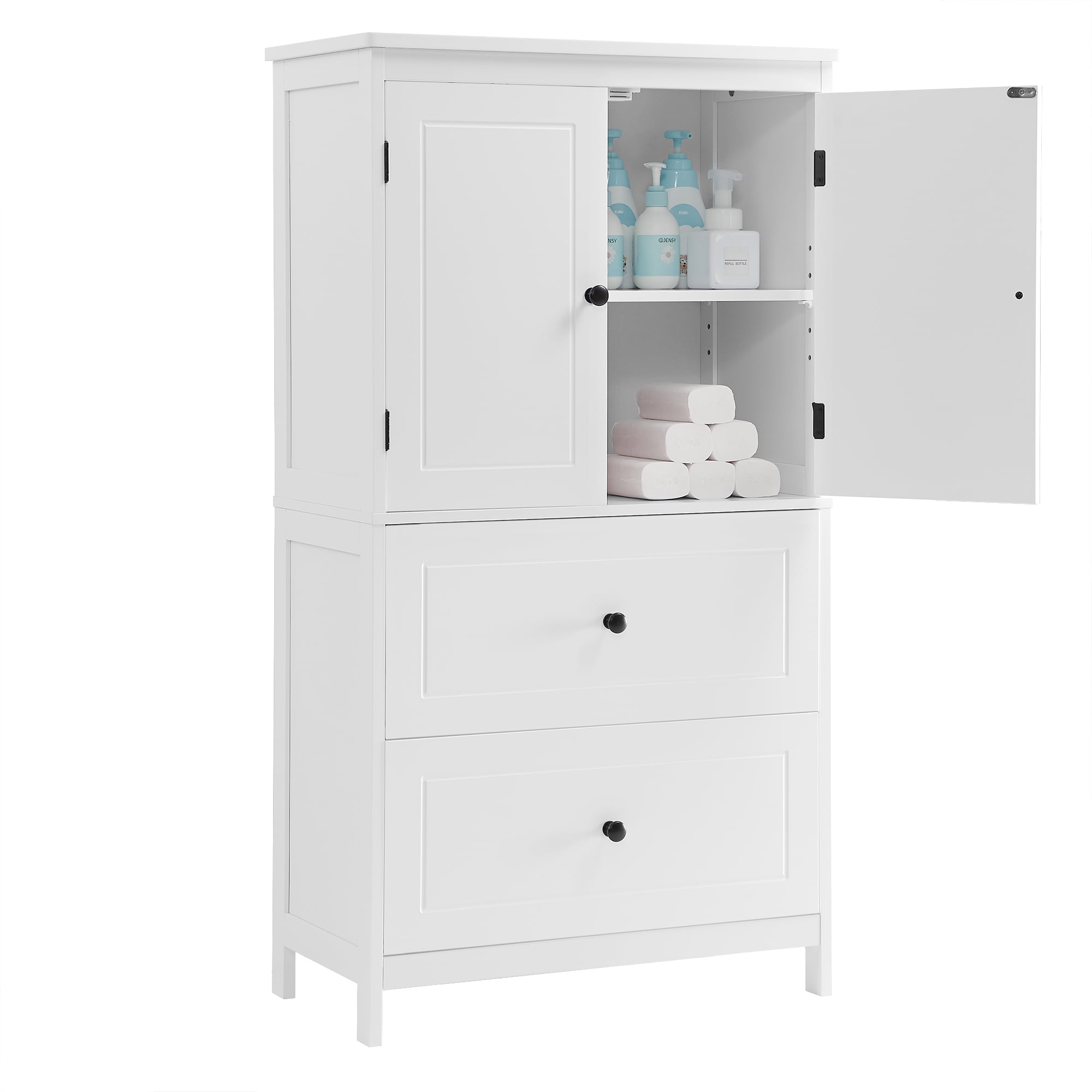 Bathroom Storage Cabinet with Two Doors and Two Drawers, Adjustable Shelf, MDF, White