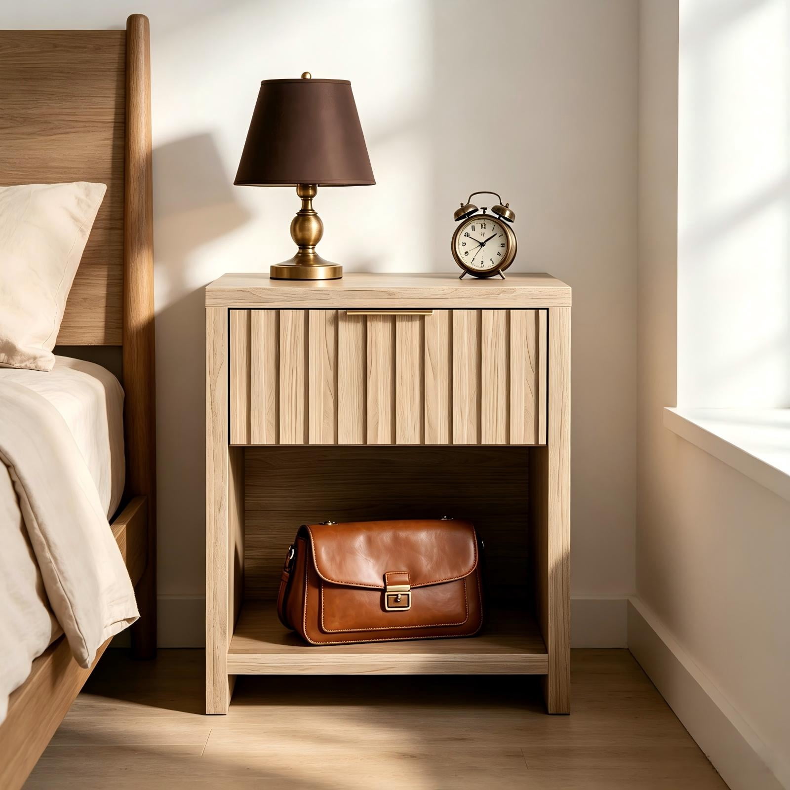 Astoutdoor Bedside Table with 1 Drawer and 1 Shelf, Light Gray Wood, 20 x 15 x 24.5 in