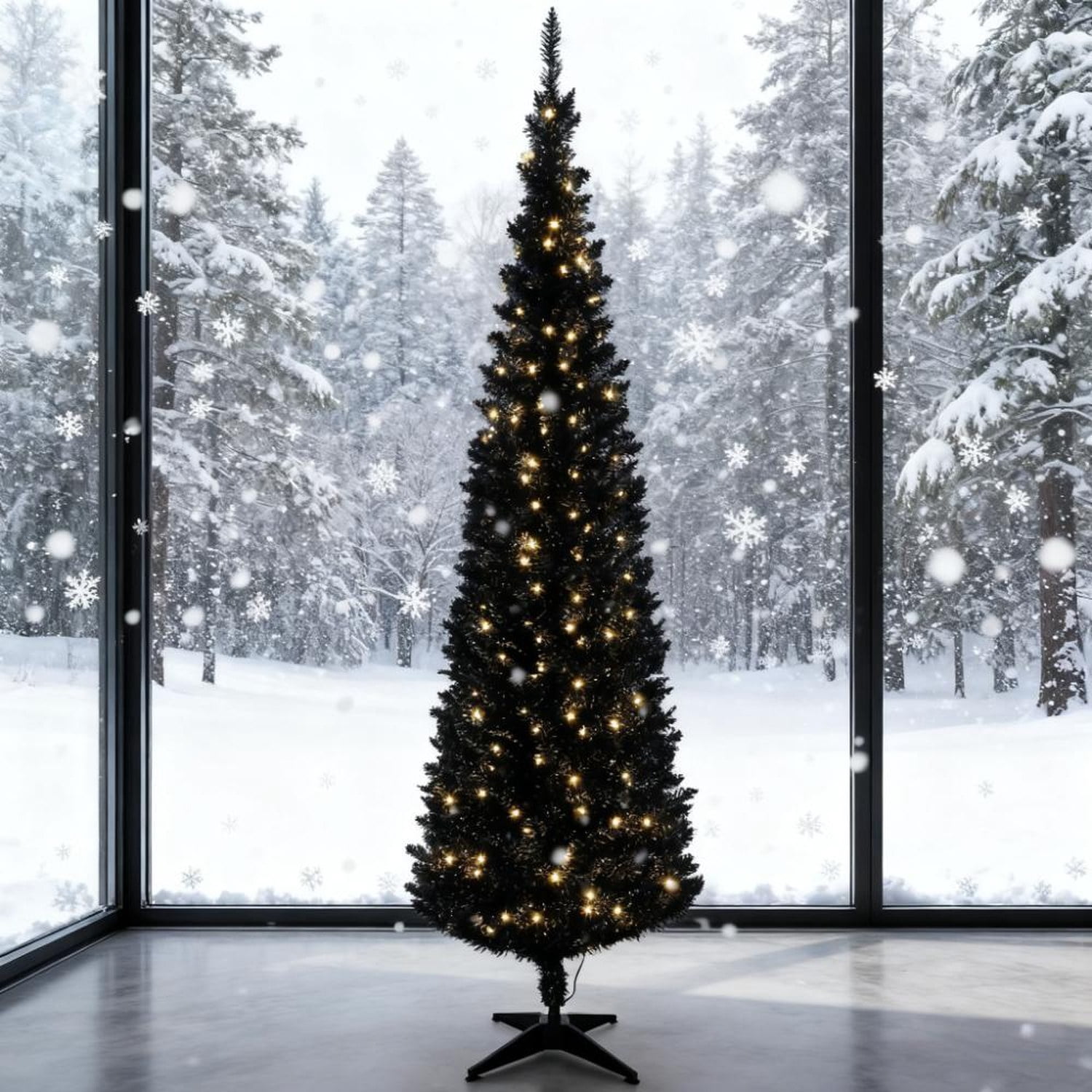 Black 6 ft Pencil Christmas Tree with 200 Warm White LED Lights