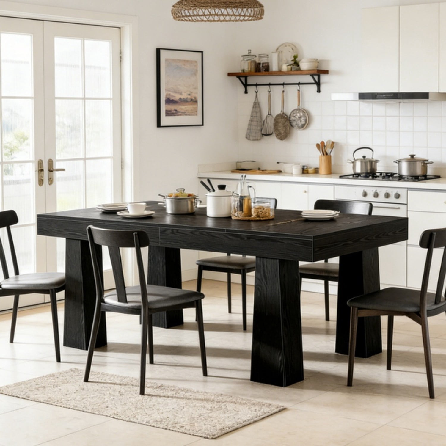 Black Dining Table, 63 in W x 31.5 in D, MDF Top, Seats 4-6, Industrial Style