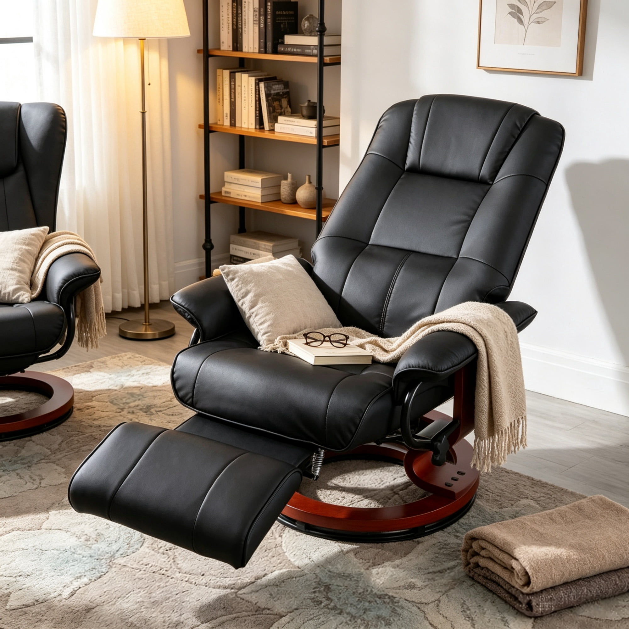 Black Manual Swivel Faux Leather Lounge Chair with Footrest and Armrest