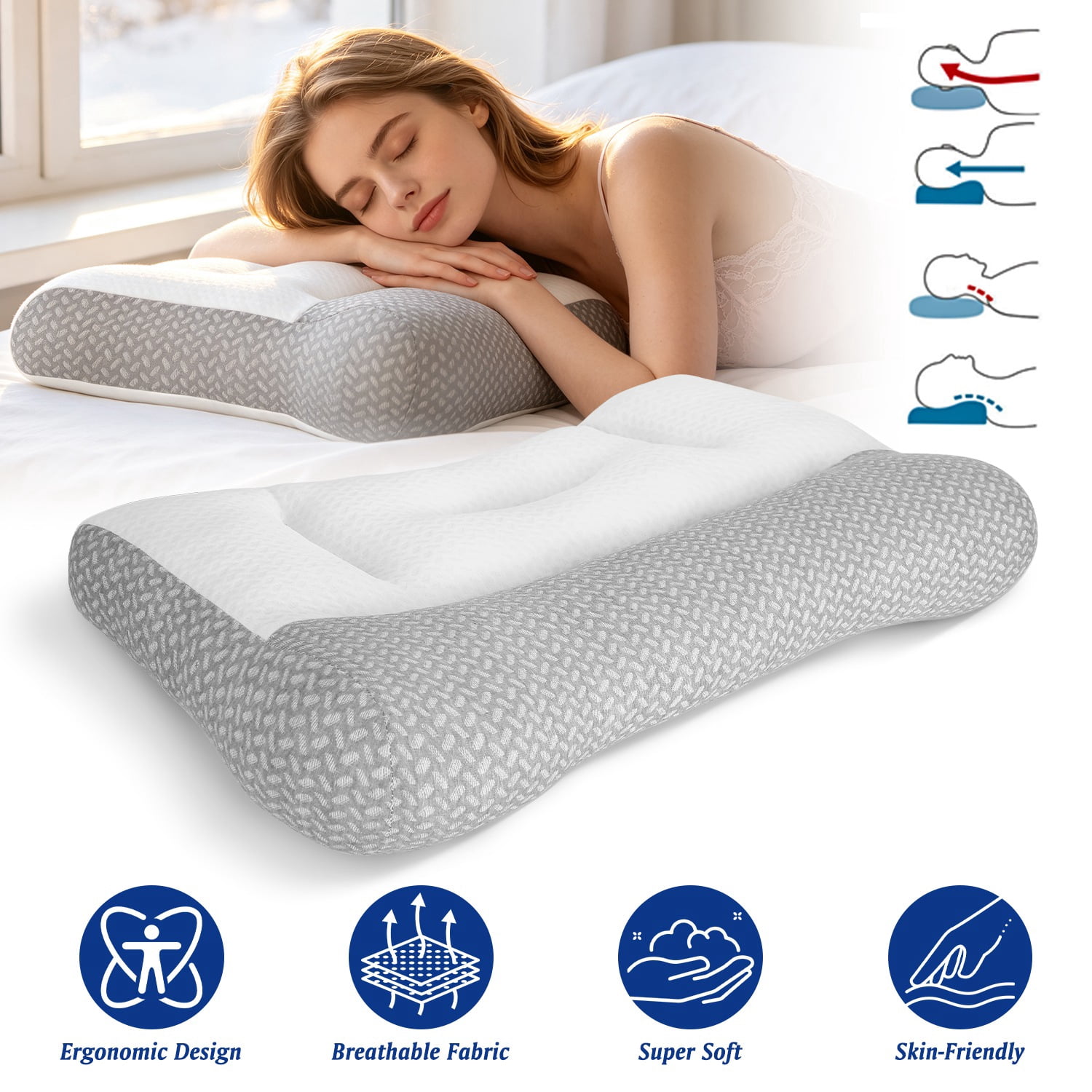 Astoutdoor Breathable Mesh Ergonomic Sleep Pillow, Dual-Sided High & Low Zoned Support with Ear Slot, Down-Alternative Fiber Fill for Side Back Belly Sleepers