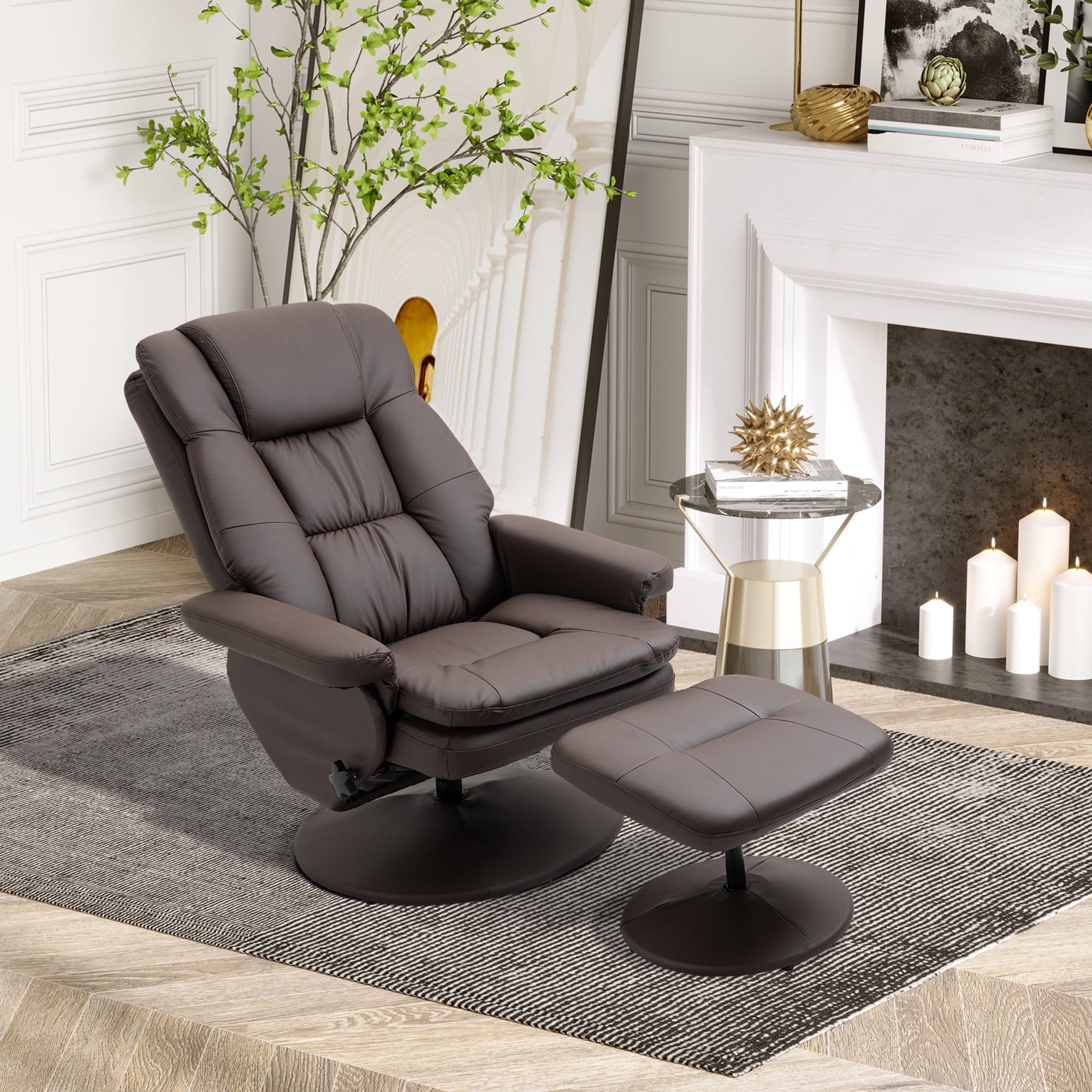 Brown PU Leather Recliner Office Chair with Ottoman, 135° Recline, 360° Swivel, High Back, Steel Frame
