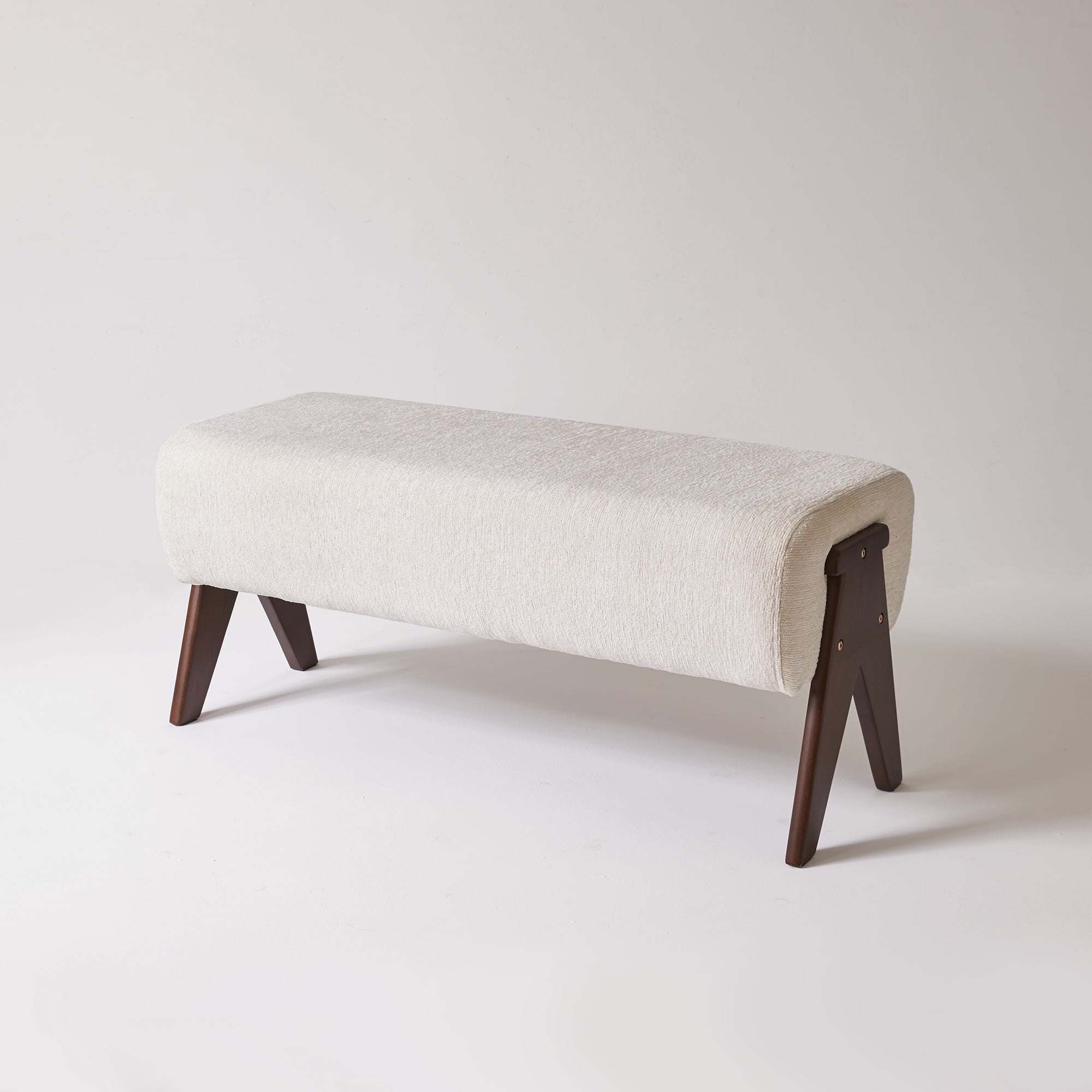 Chenille Upholstered Bench with Solid Wood Legs, White, 38.19 in x 15.75 in x 16.93 in