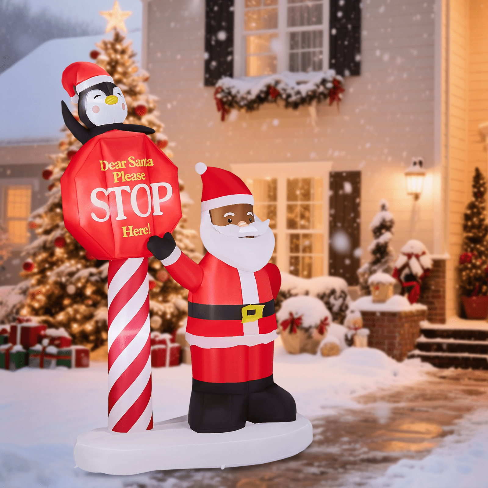 Astoutdoor Christmas Inflatable Decoration, Black Santa & Road Sign, 59.1 x 29.5 x 96.5 in, Built-in LED Lights, Blow Up Yard Decor