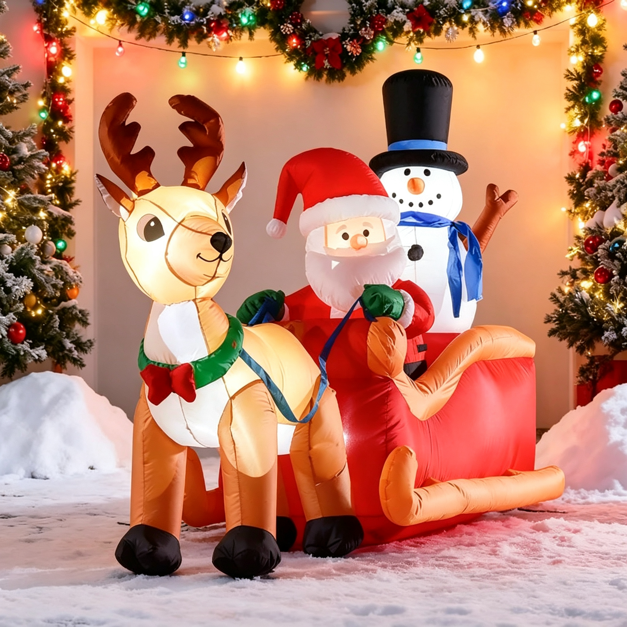 Christmas Inflatable Santa Claus with Reindeer and Snowman LED Yard Decoration, Red/Yellow, 78.75x31.5x50.5 in
