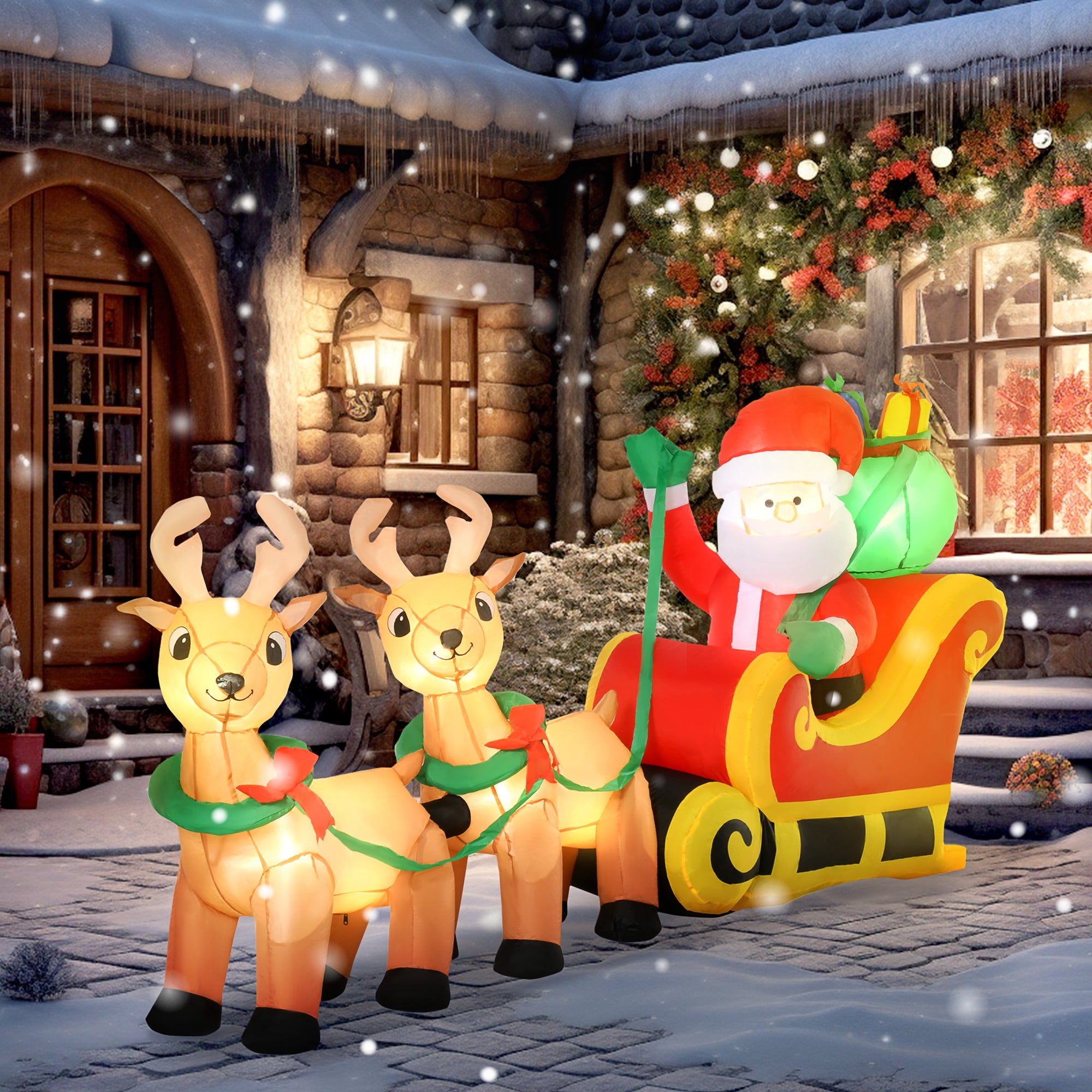 Christmas Inflatable Santa Claus with Sleigh and Reindeer, Outdoor Yard Decoration with LED Lights, Yellow, 94.5 in x 22.5 in x 44 in