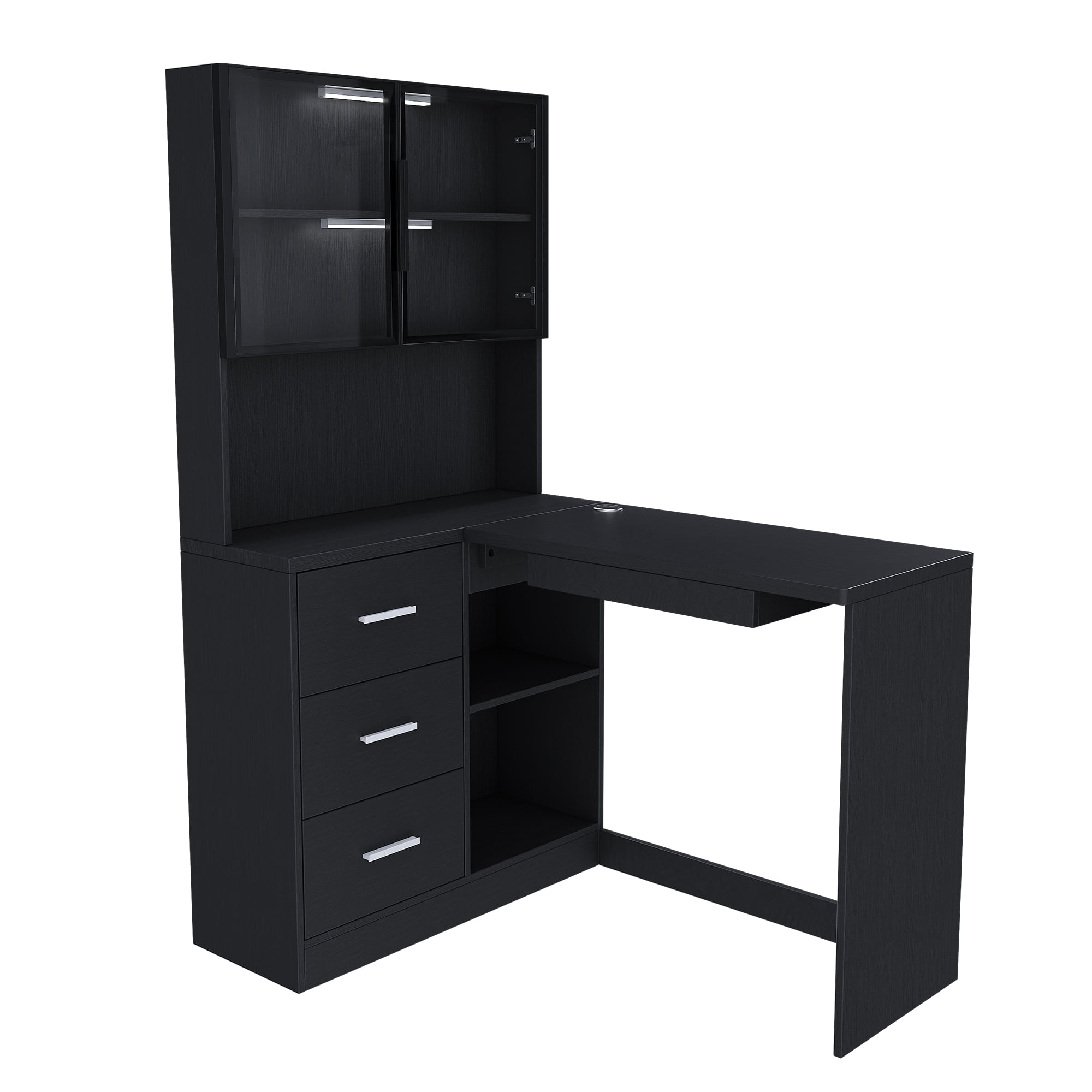 Astoutdoor Computer Desk with Glass Cabinets & Built-In LED Lights, Corner L-Shaped Office Desk with USB Charging Ports, Keyboard Tray, Ergonomic Design for Home and Corporate Workspaces (Black)