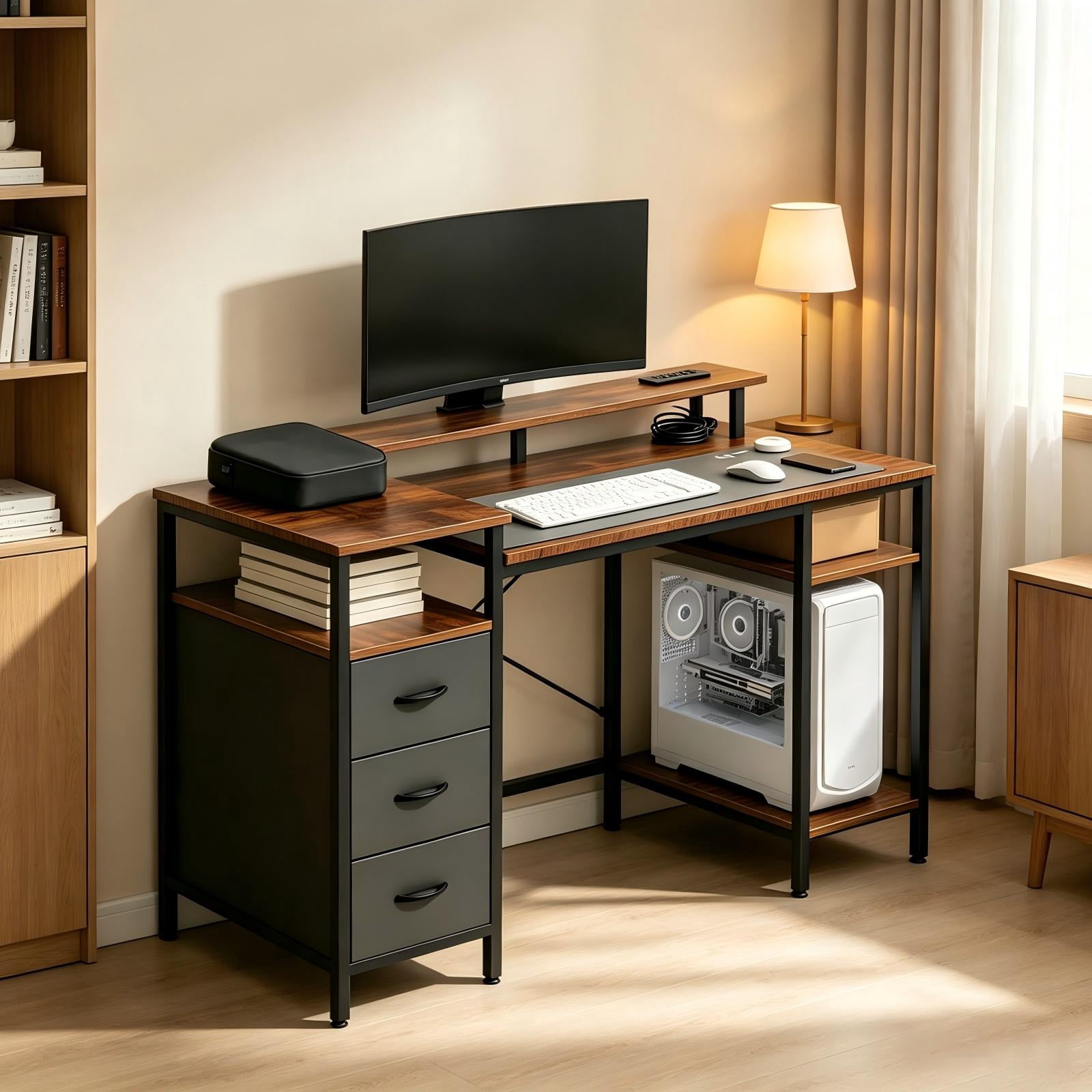 Astoutdoor Computer Desk with 3 Drawers, 4 Shelves, and Power Strip, 47.2 x 18.8 x 34.7 in, Rotten Wood