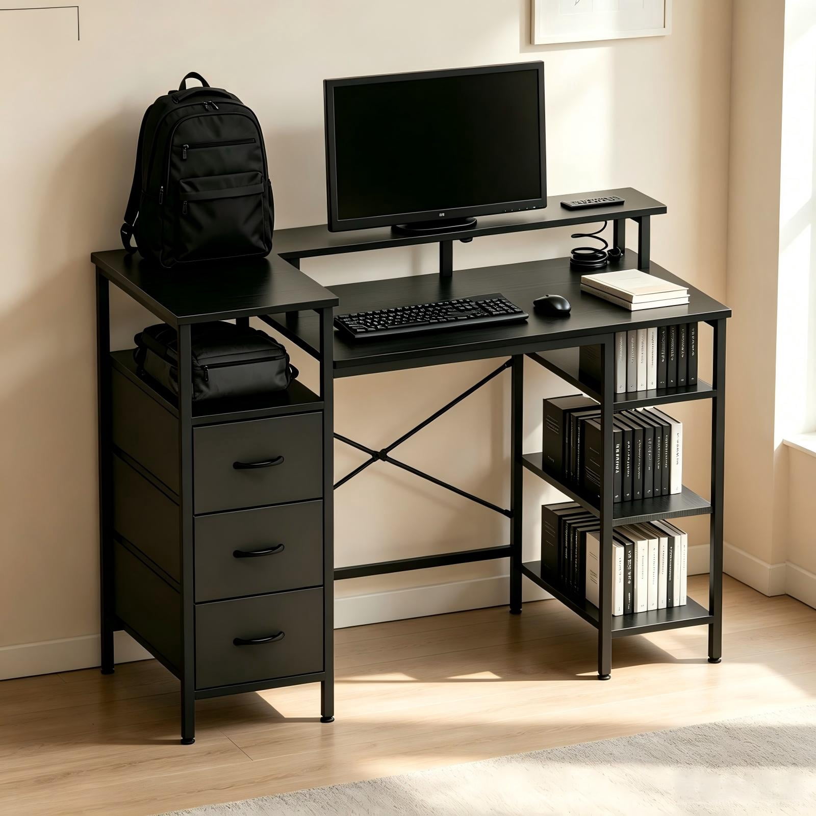 Astoutdoor Computer Desk with 3 Drawers and 4 Shelves, Black, 47.2 x 18.8 x 34.7 in