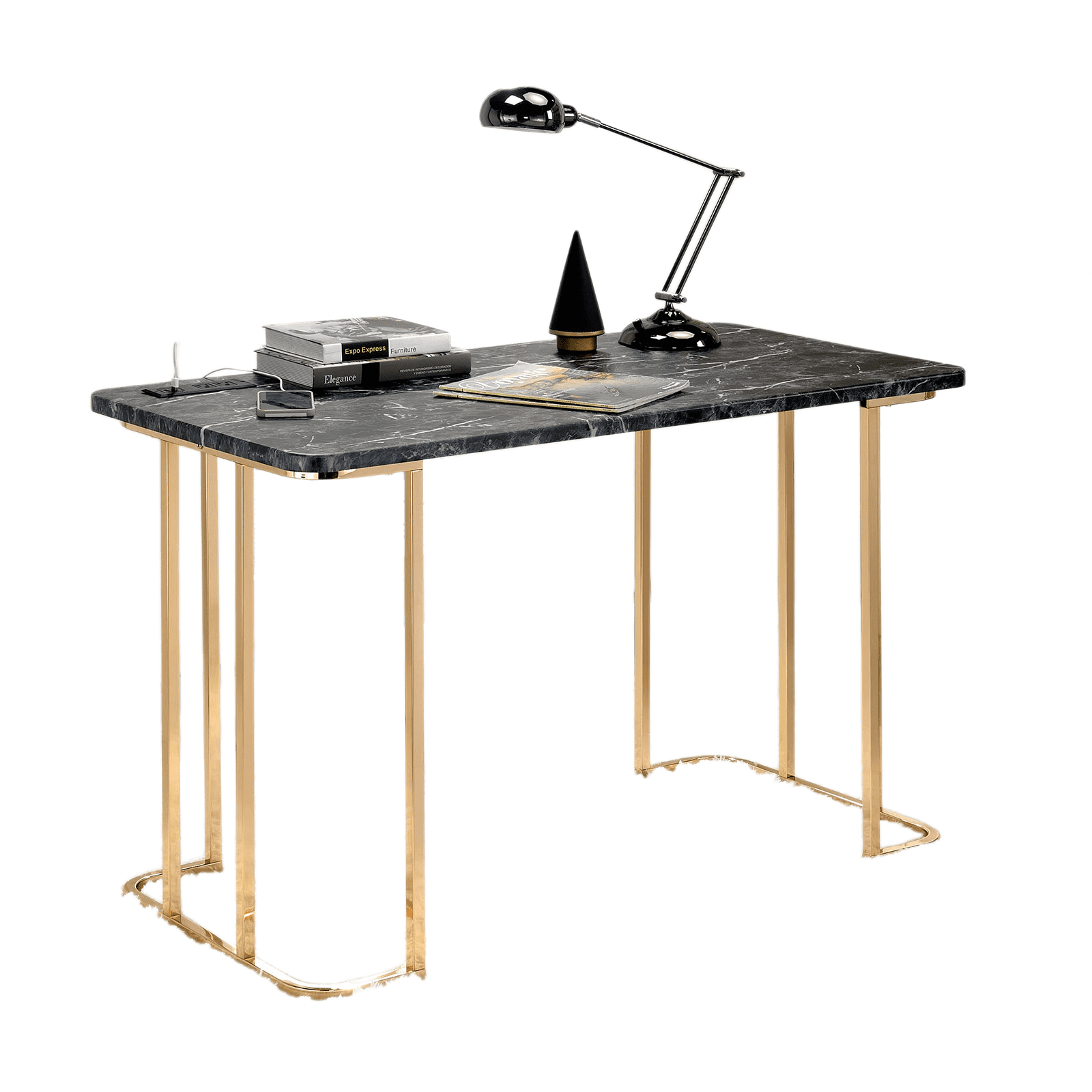 Astoutdoor Contemporary Desk with Faux Marble Top and Metal Frame, USB Port, Gold and Black Finish