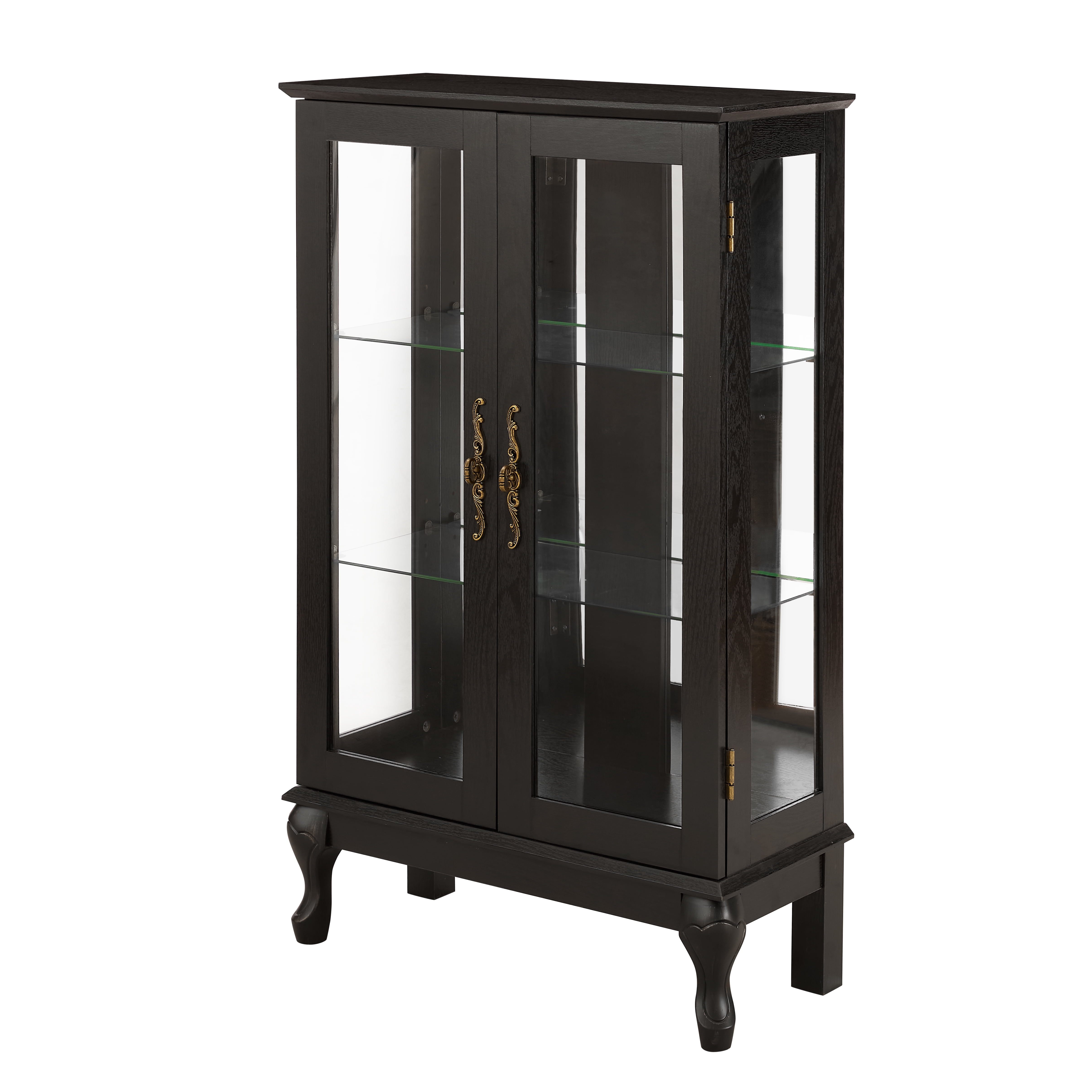 Curio Cabinet with Tempered Glass Doors, Lighted Display Cabinet with Mirrored Back Panel & Adjustable Shelves, Black