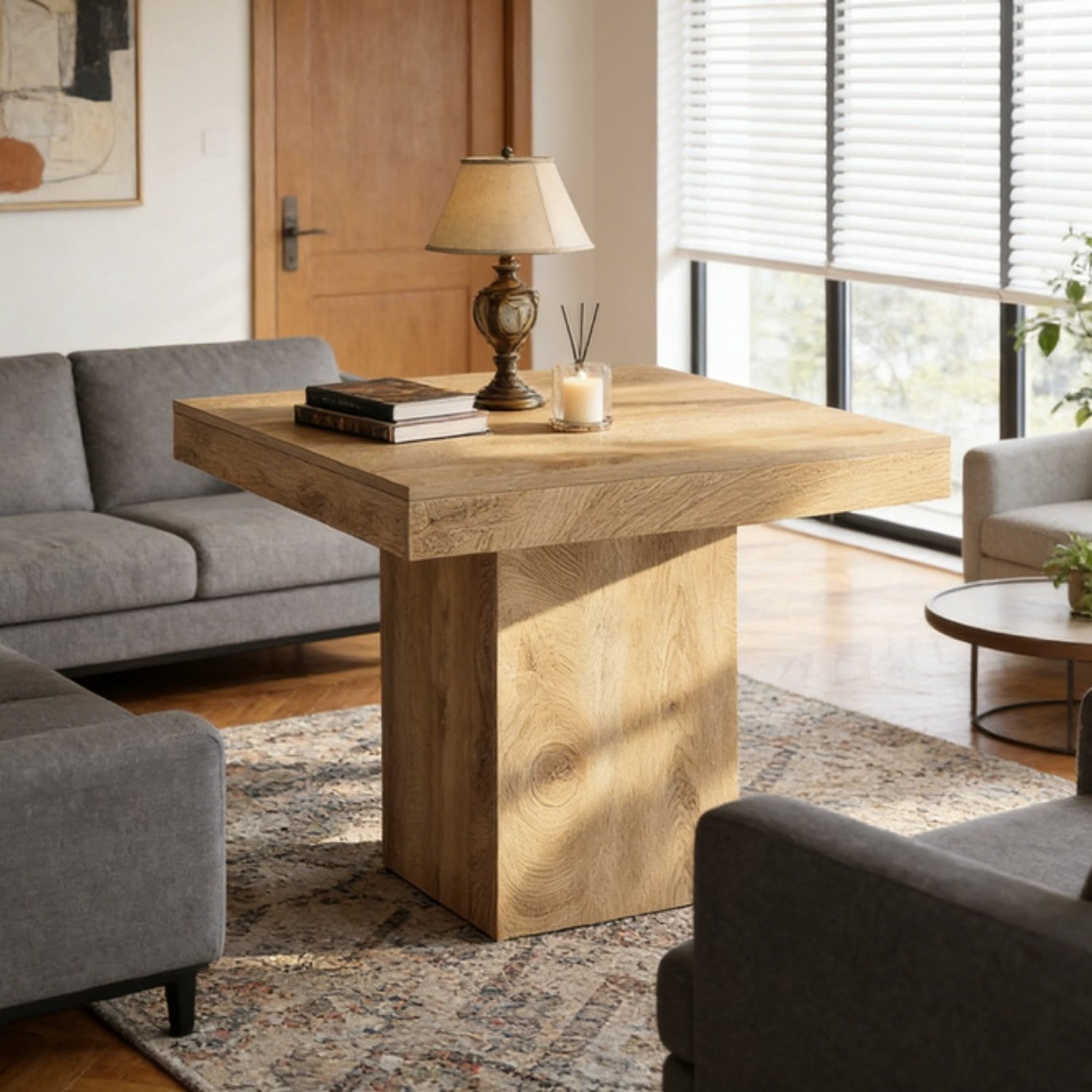 Dining Table, 39" Square Wood Kitchen Table with Pedestal Base, Seats 4, Natural Finish
