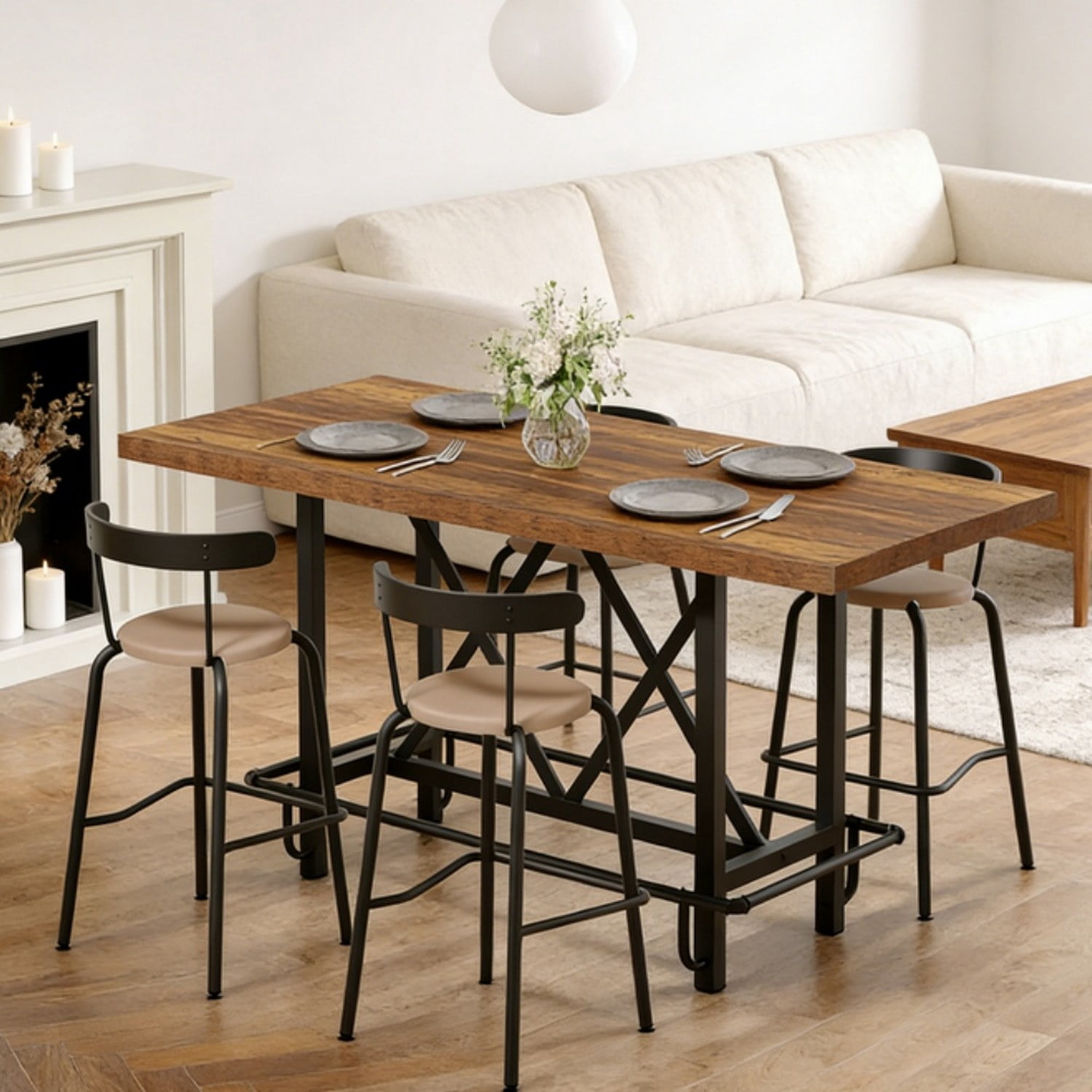 Dining Table, 63" Industrial Kitchen Table with Metal Legs, Seats 6