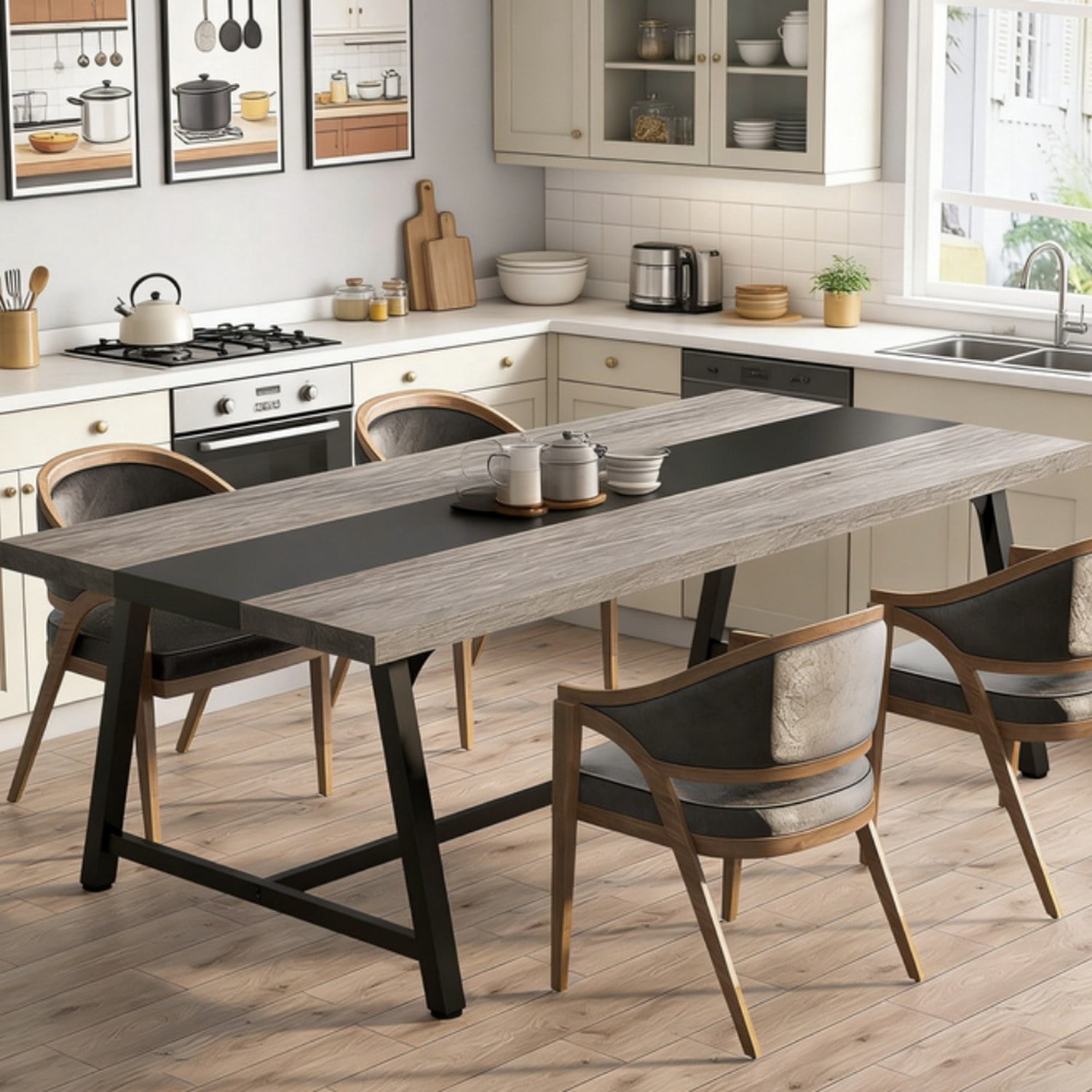 Dining Table, 70.87 in L x 33.46 in W x 29.92 in H, Seats 6-8, Rectangular Kitchen Table with Metal Frame