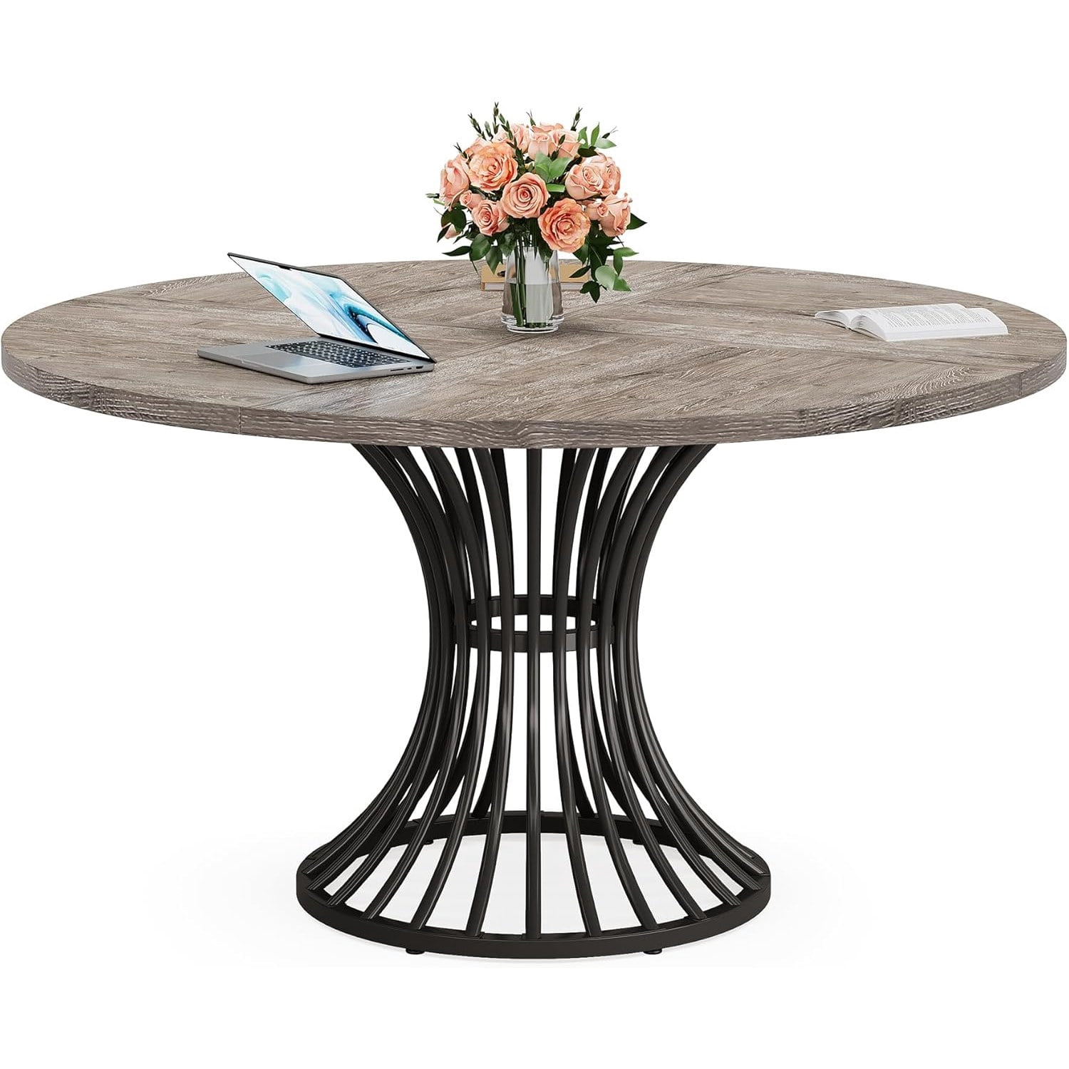 Dining Table, Round Conference Table for 4-6 People, Industrial Style with Metal Base, 46.85 in L x 46.85 in W x 29.92 in H