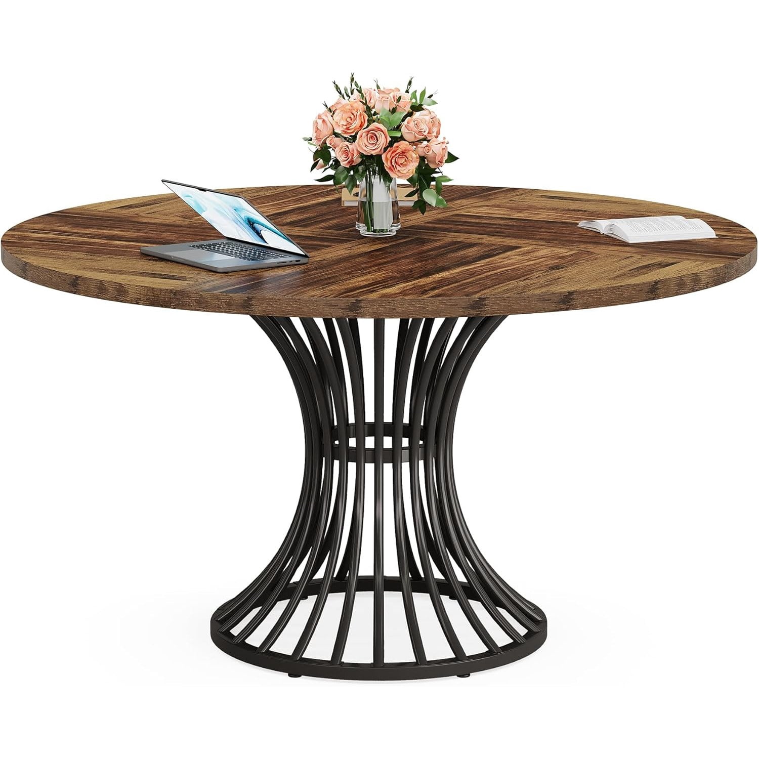Dining Table, Round Conference Table for 4-6 People, Industrial Style with Metal Base, 46.85 in L x 46.85 in W x 29.92 in H