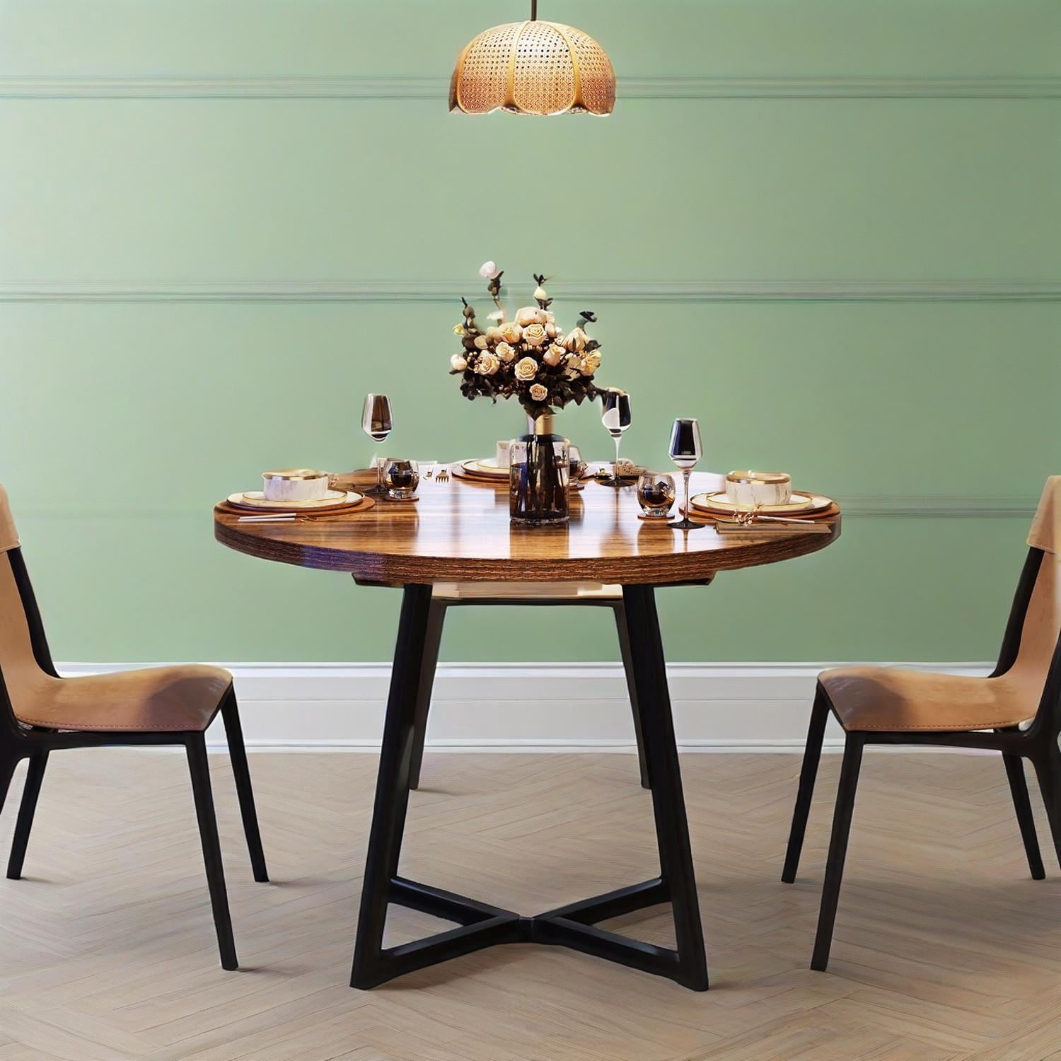 Dining Table, Round Wood Top with Black Metal Frame, Seats 2, 31.49 in W x 31.49 in D x 29.52 in H