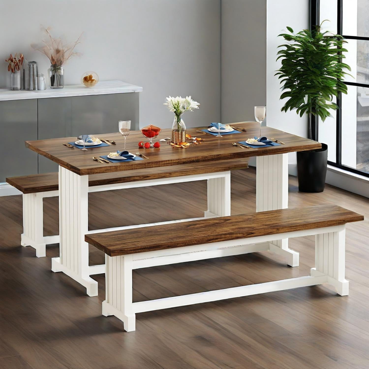 Dining Table and Chair Set, 3-Piece Farmhouse Kitchen Table with 2 Benches, 52.76 in Length, White Brown