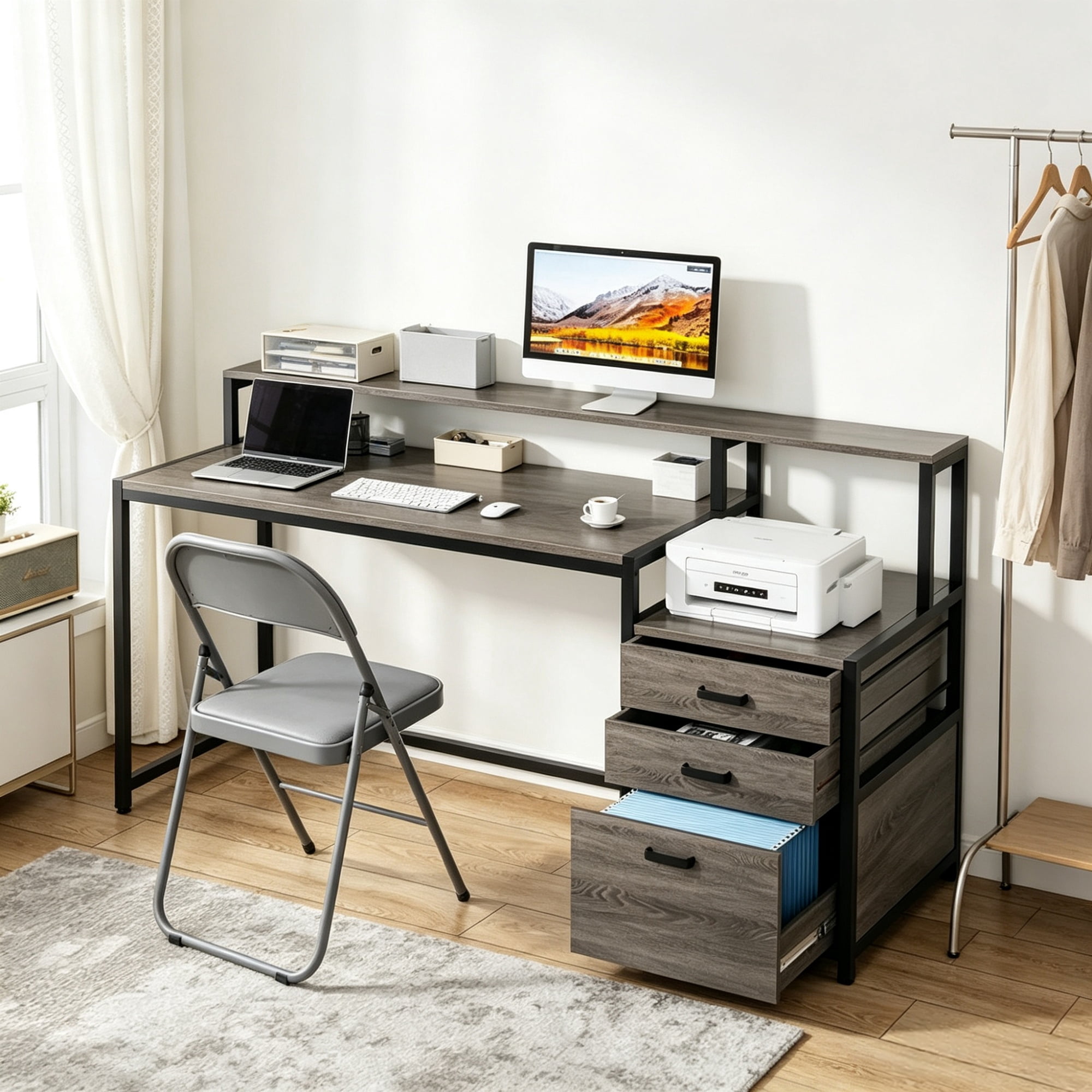 Astoutdoor Ergonomic Computer Desk with Drawers and Monitor Stand, Office Desk