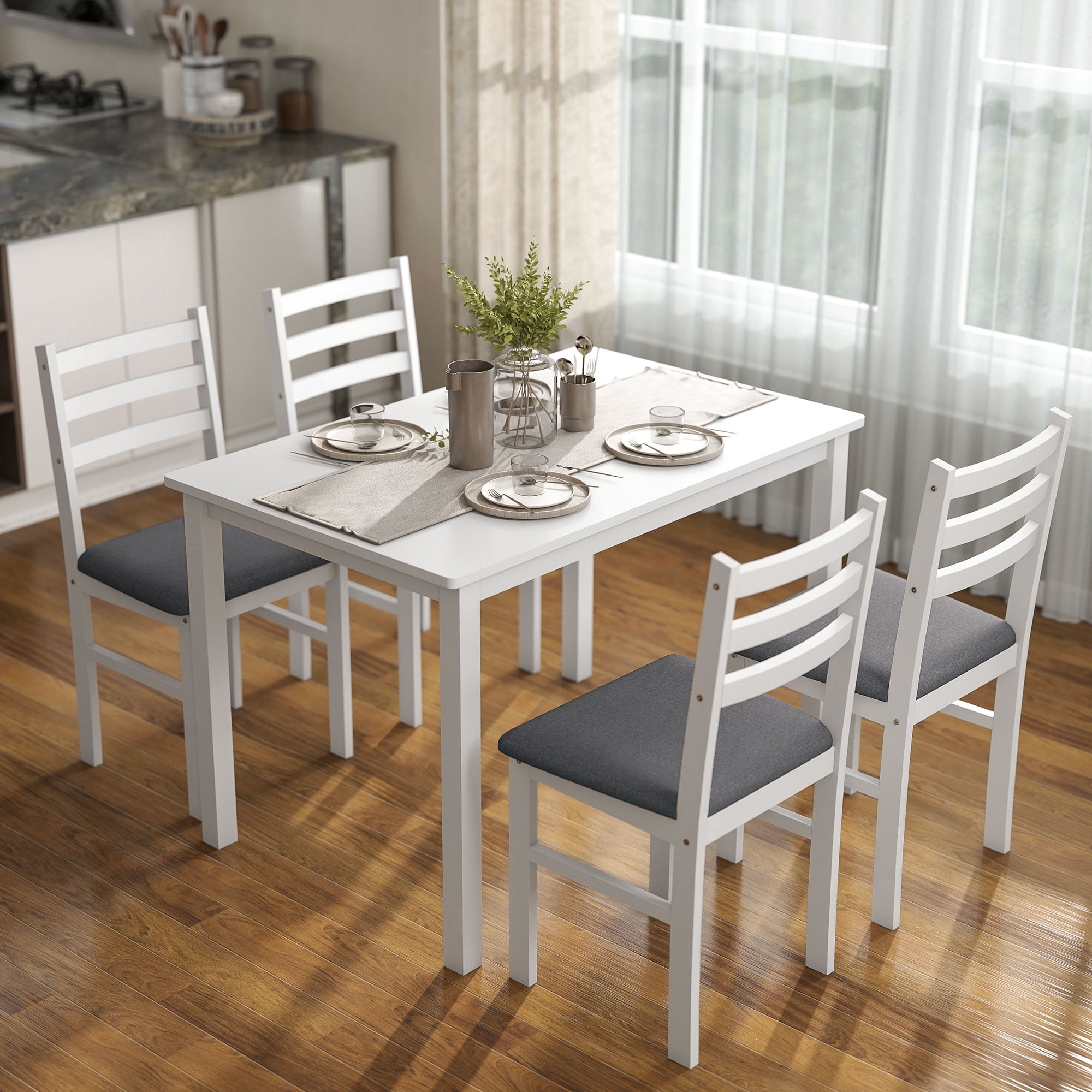 Farmhouse Dining Table and 4 Chairs Set, White/Gray