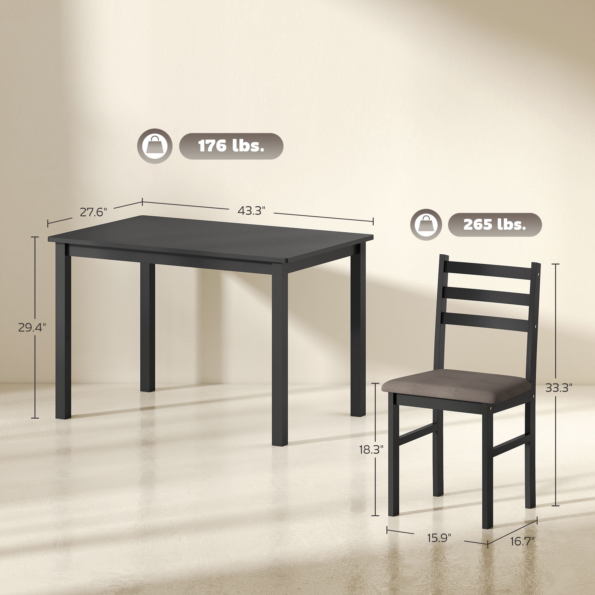 Farmhouse Dining Table and Chair Set, 5-Piece Kitchen Table with 4 Chairs, Black