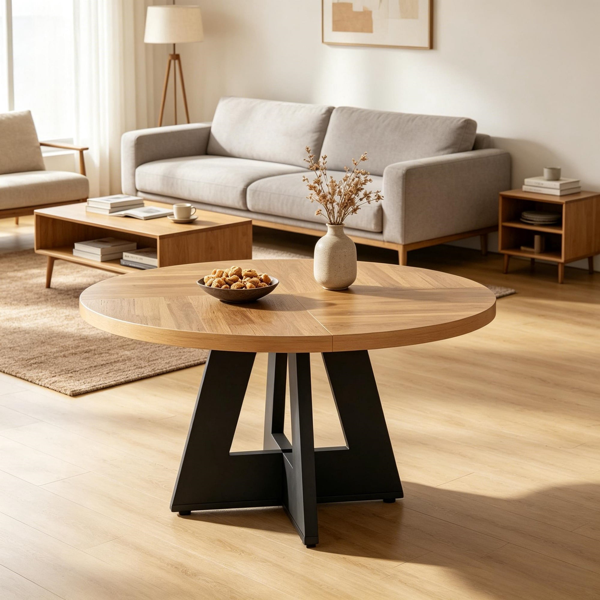 Farmhouse Round Dining Table, 47-Inch Tabletop, Seats 4, Rustic Brown