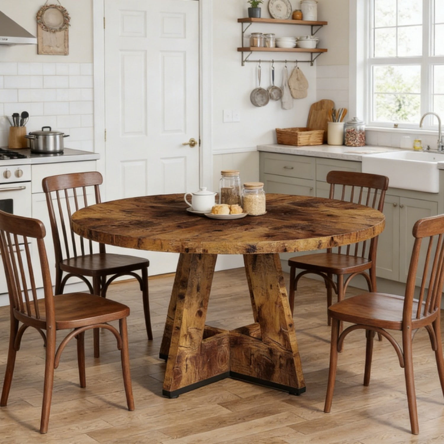 Farmhouse Round Dining Table, 47 in Diameter, Rustic Finish, Seats 4