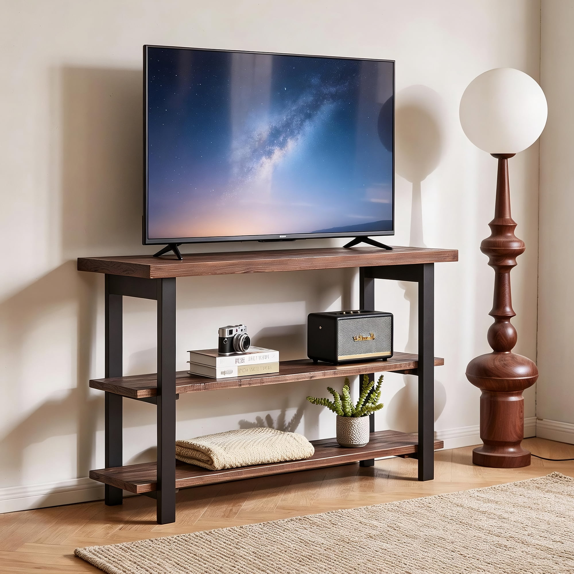 Farmhouse Rustic Console Table, 3-Tier Solid Wood Sofa Table, Walnut