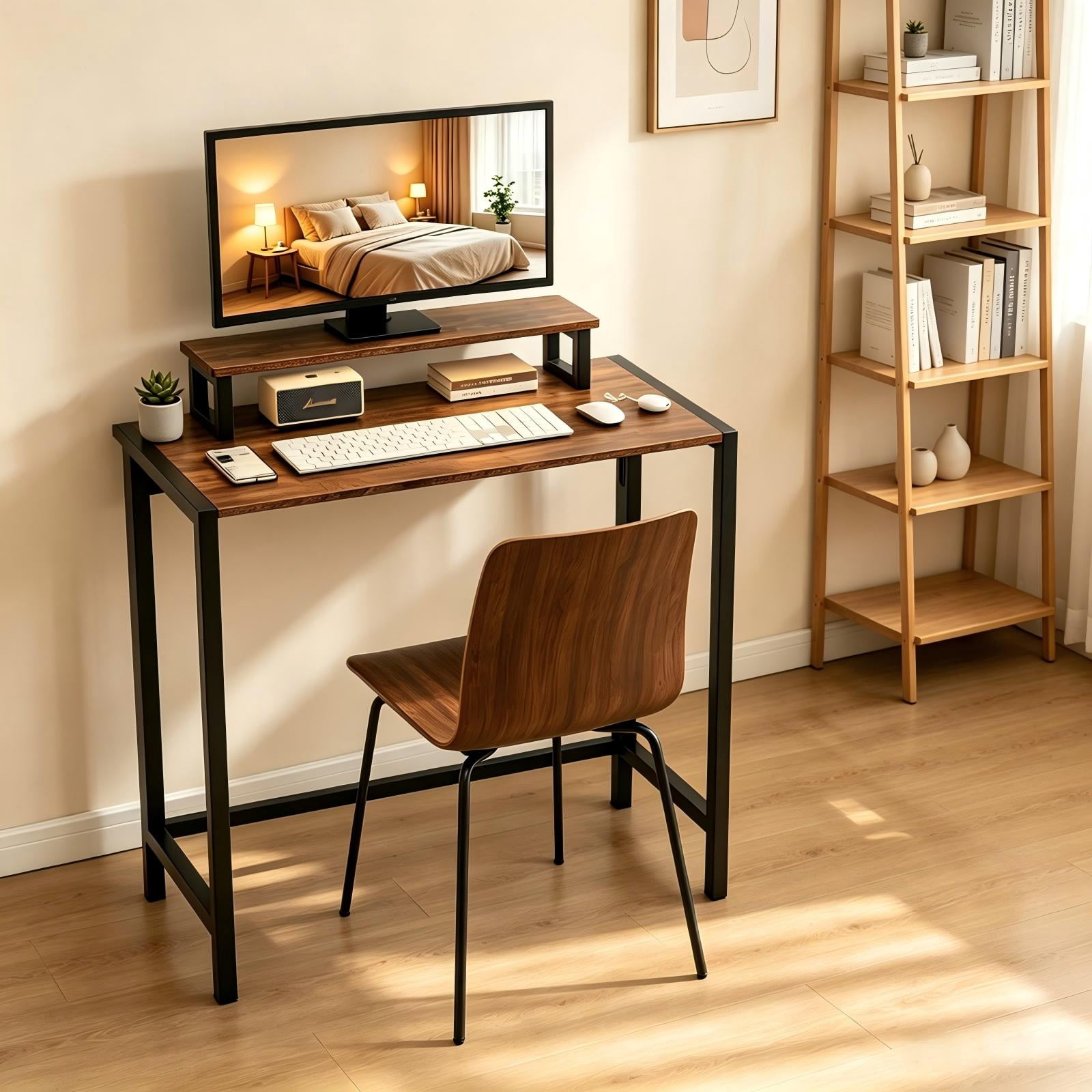 Astoutdoor Foldable Computer Desk with Shelf and Light, 31.5 in, Brown and Black