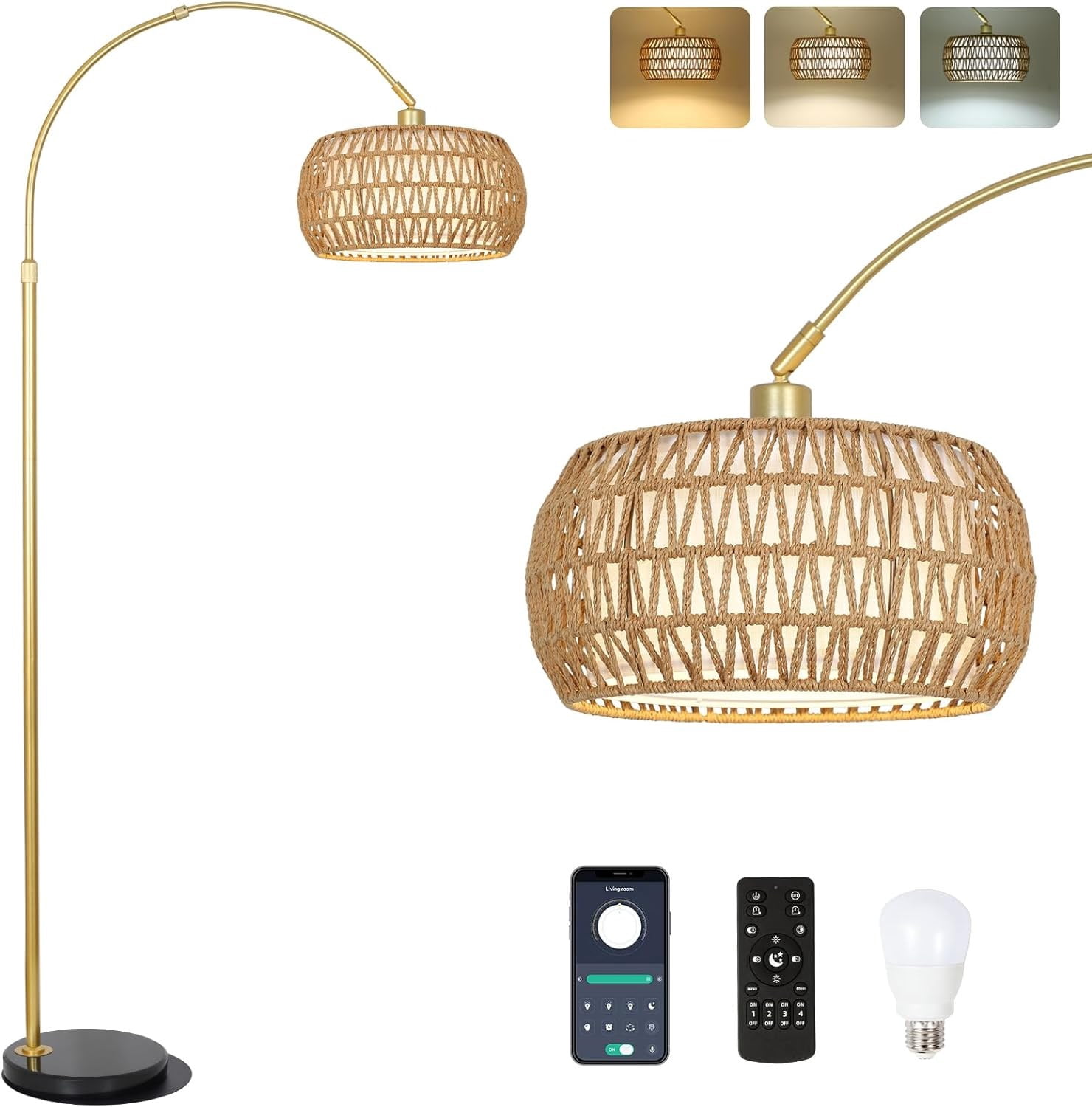 Gold Arc Floor Lamp with Remote, Dimmable, Rattan and Metal, Height Adjustable