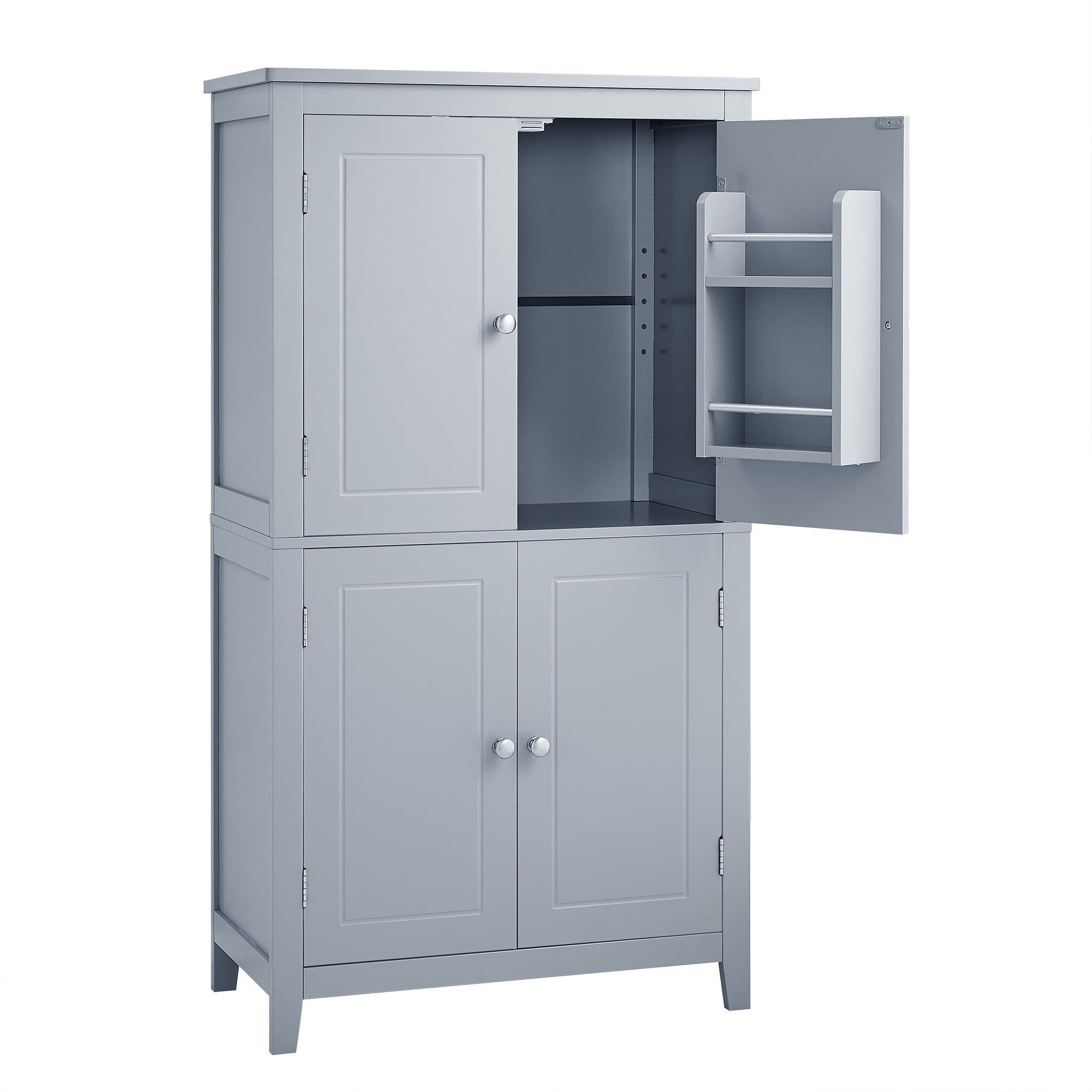 Grey MDF Bathroom Floor Storage Cabinet with 4 Doors and Adjustable Shelves