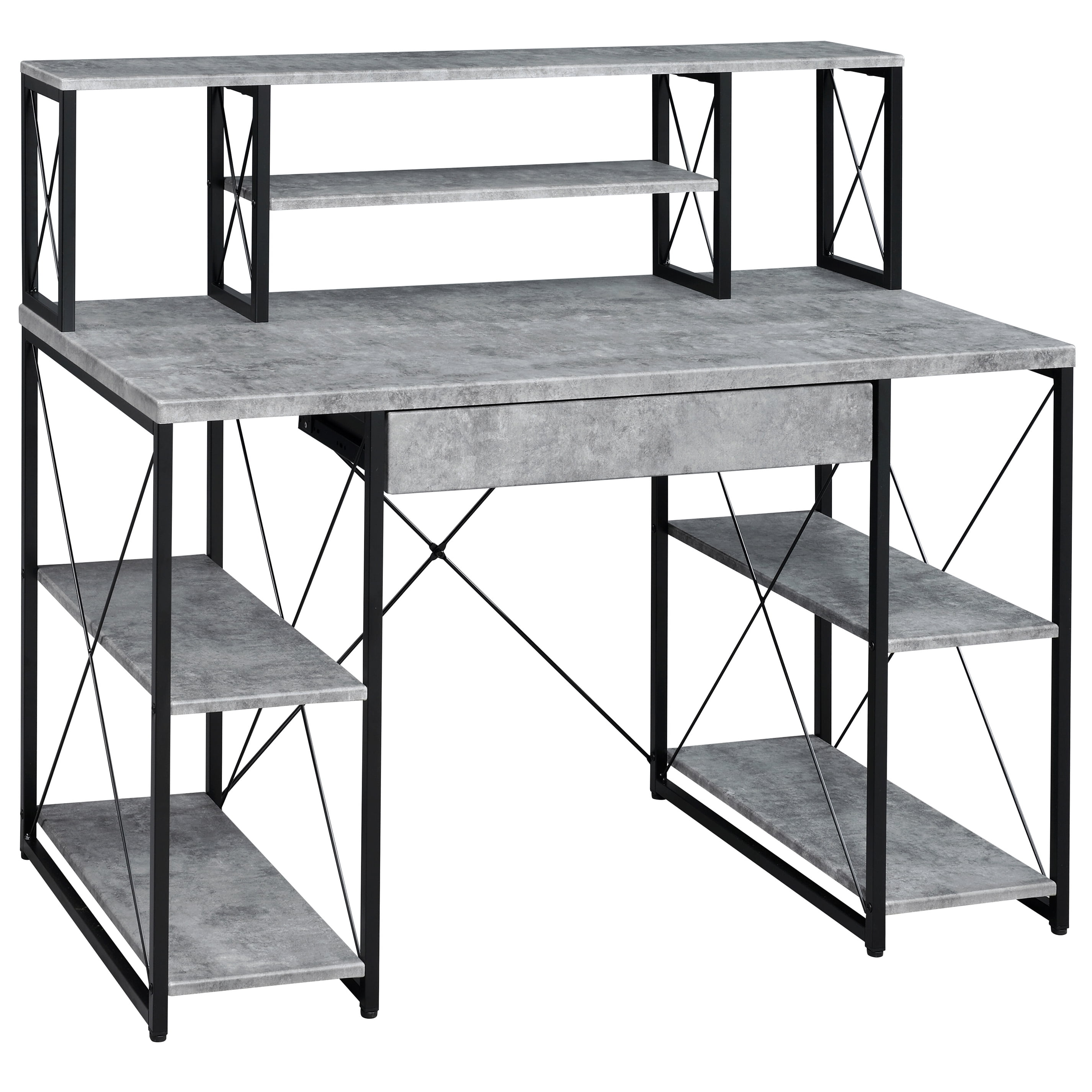 Astoutdoor Grey and Black Office Desk with Open Shelves and Hutch