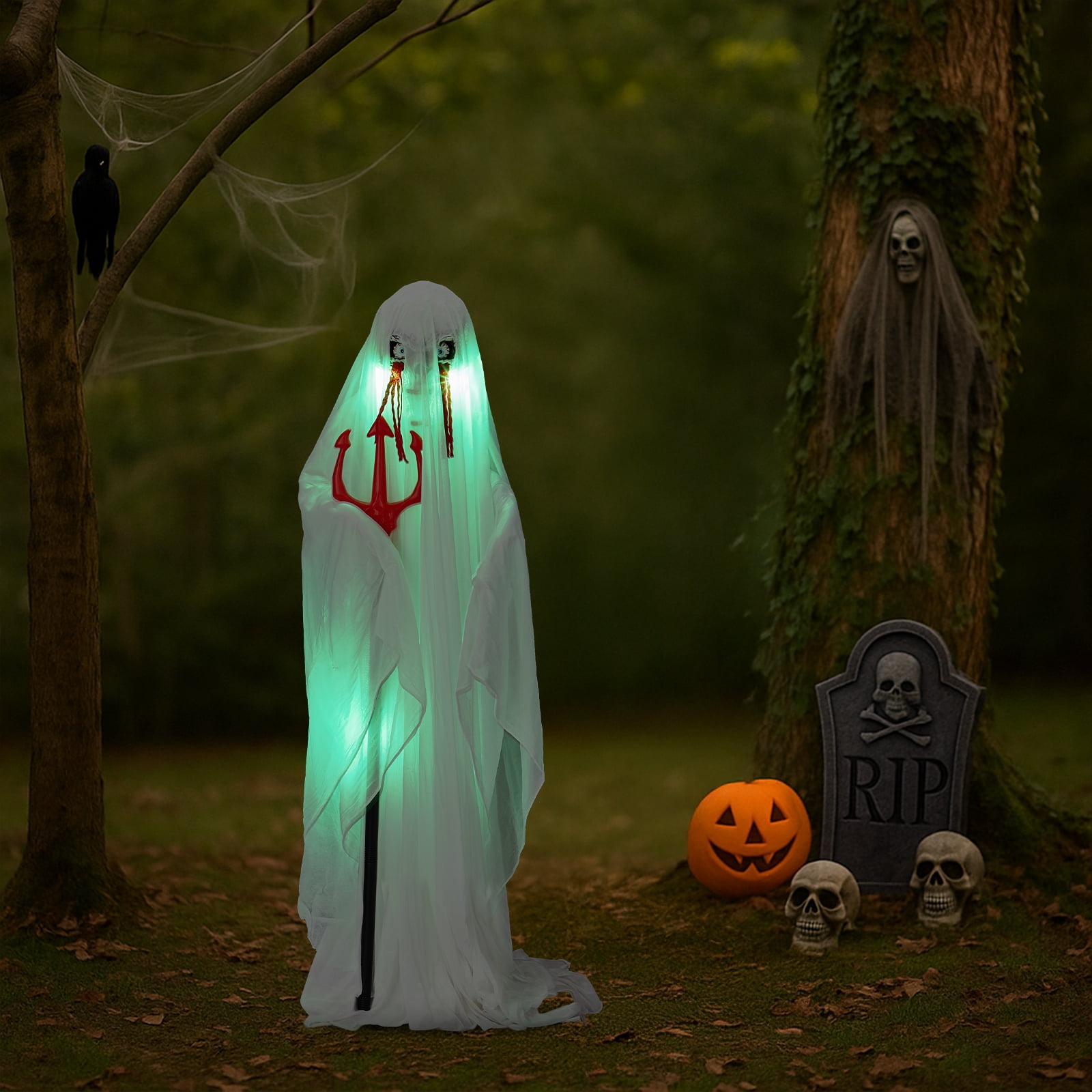 Astoutdoor Halloween Animatronic Ghost with Trident, Sound-Activated, Green Lights, 4.3 ft, Green