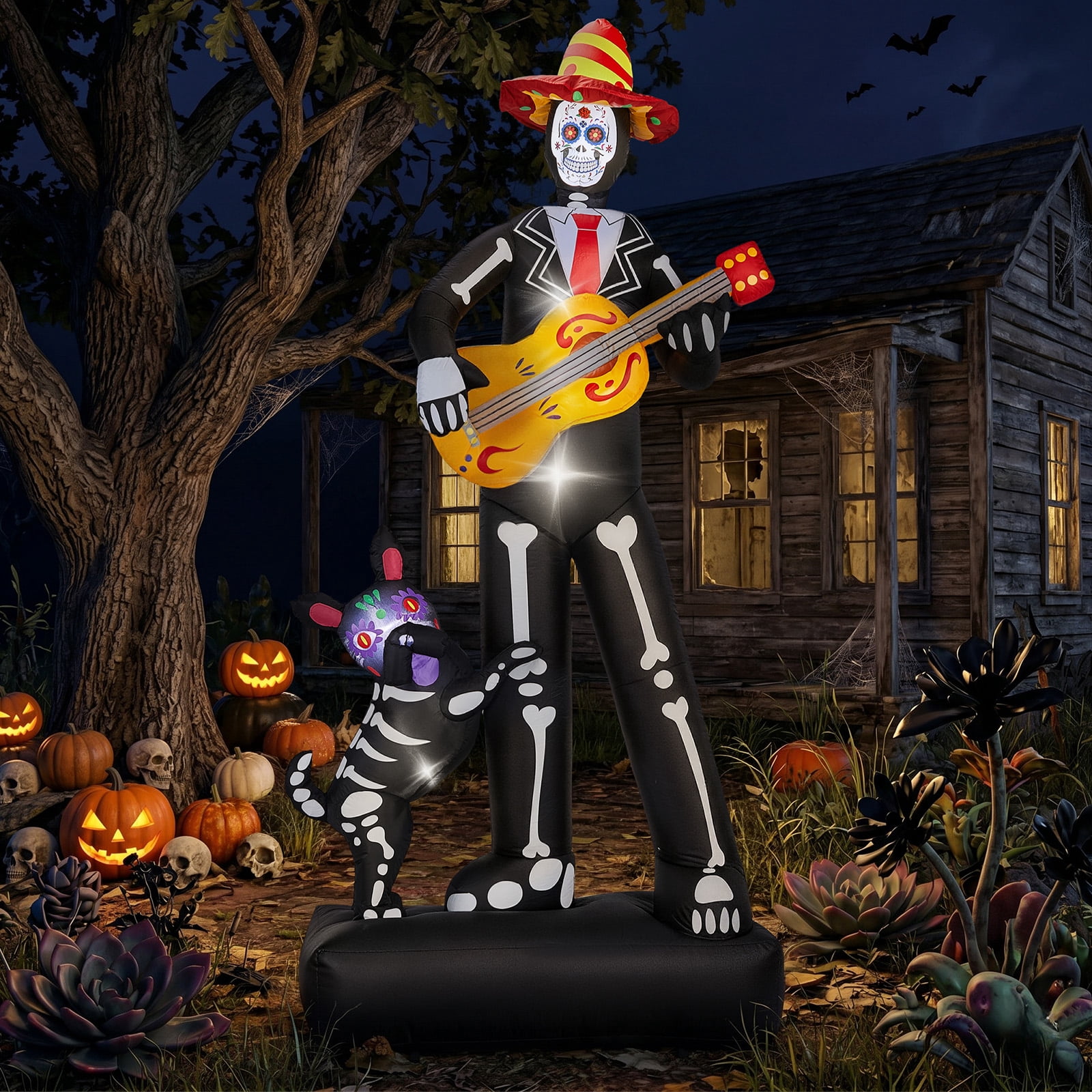 Astoutdoor Halloween Inflatable Ghost Musician with Dog, 6 LEDs, Black White Orange, 86.6 in Tall