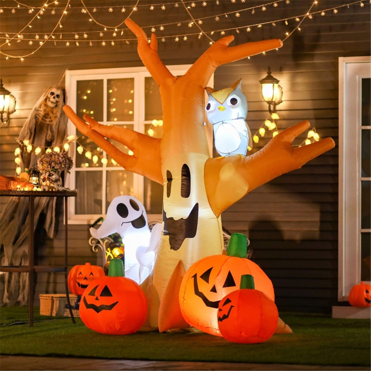Astoutdoor Halloween Inflatable Ghost Tree with Owl and Jack-o-Lanterns, 8 ft Tall, Polyester