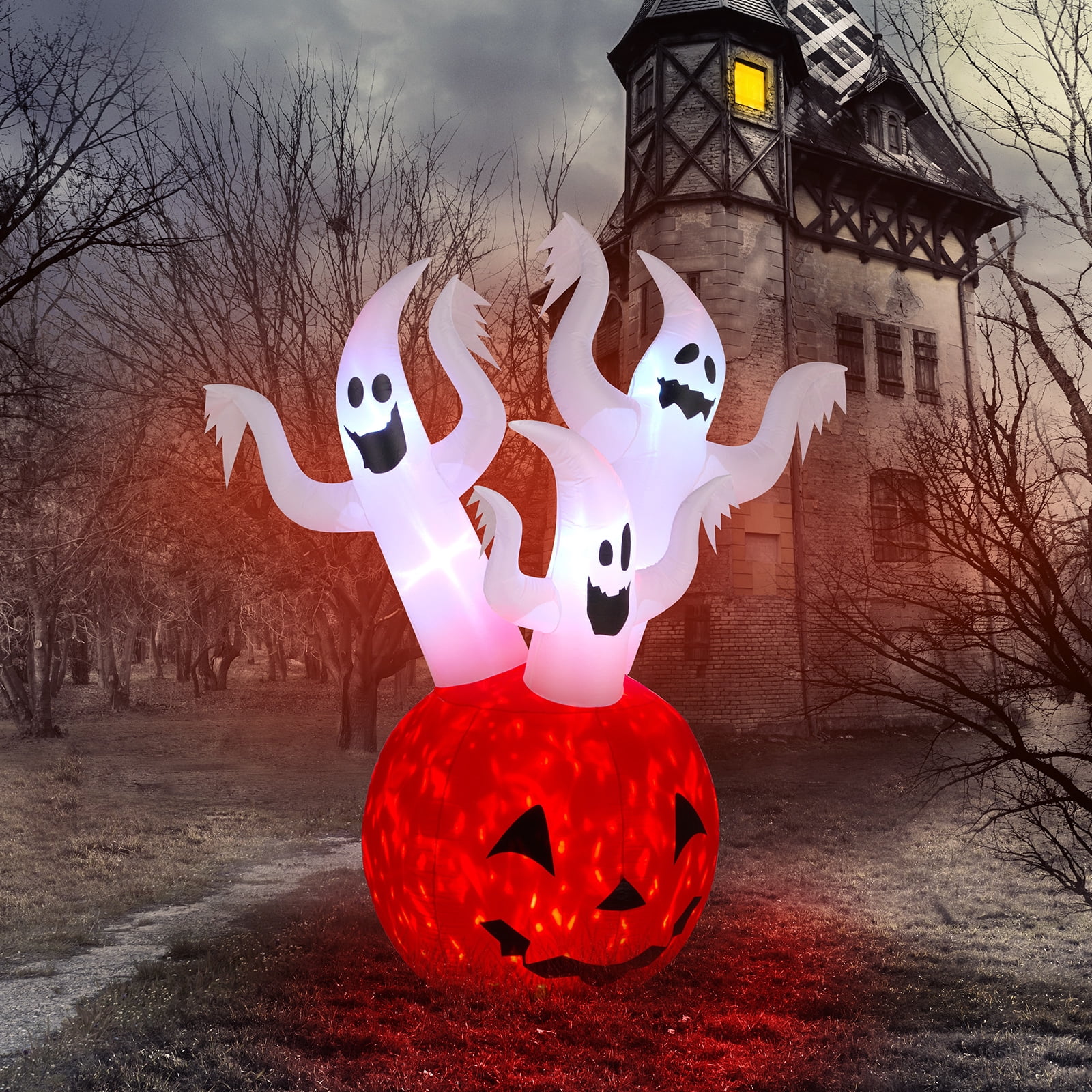 Astoutdoor Halloween Inflatable Pumpkin Ghost Outdoor Decoration, 5.9 ft Blow Up Yard Decor with Built-in LED Lights