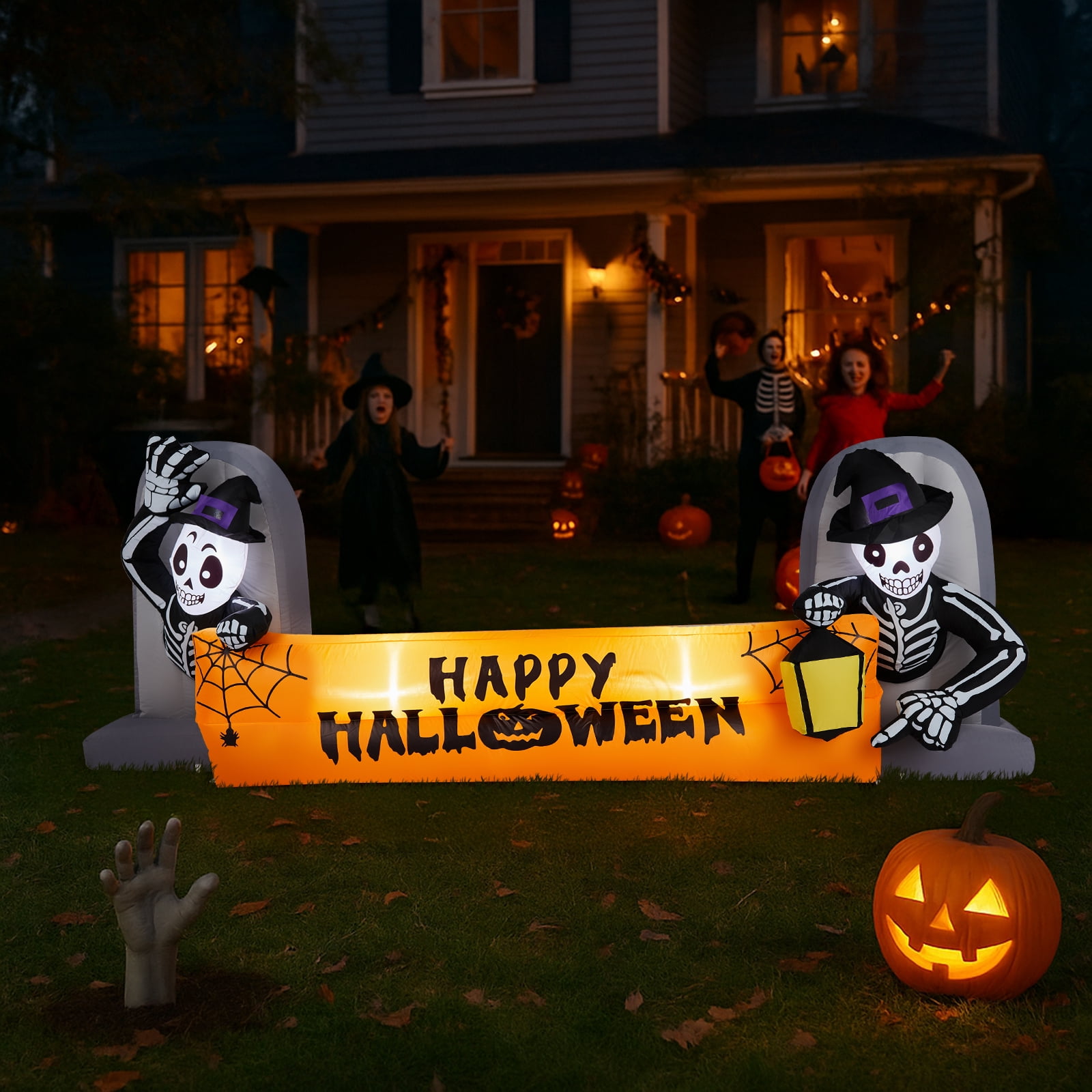 Astoutdoor Halloween Inflatable Skeleton Tombstone Banner with Built-in LEDs, 9.6 ft
