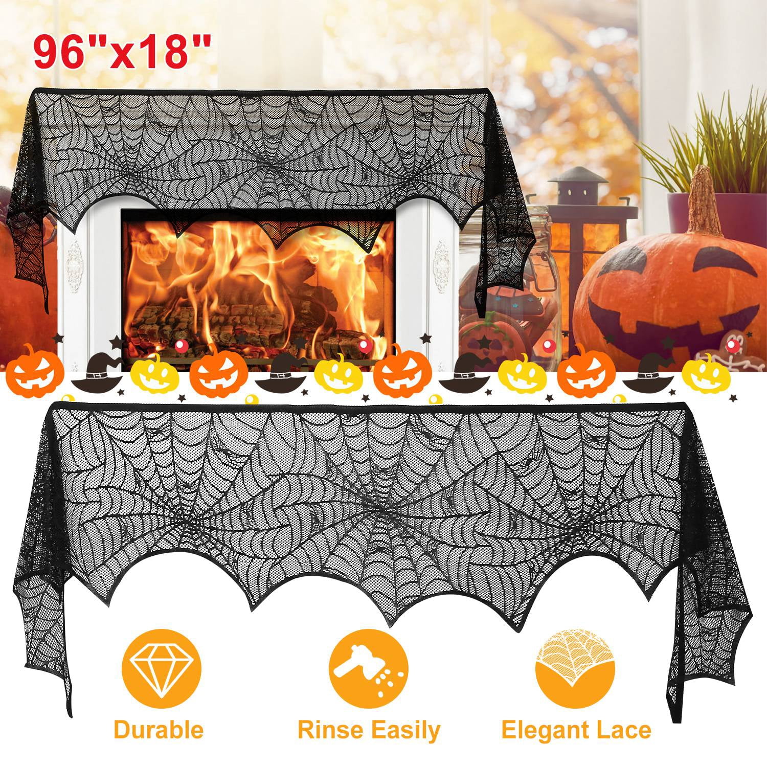 Astoutdoor Halloween Mantle Scarf, Black Lace with Spider Web, Spider and Bat Design, 96 x 18 in, 2 Pieces