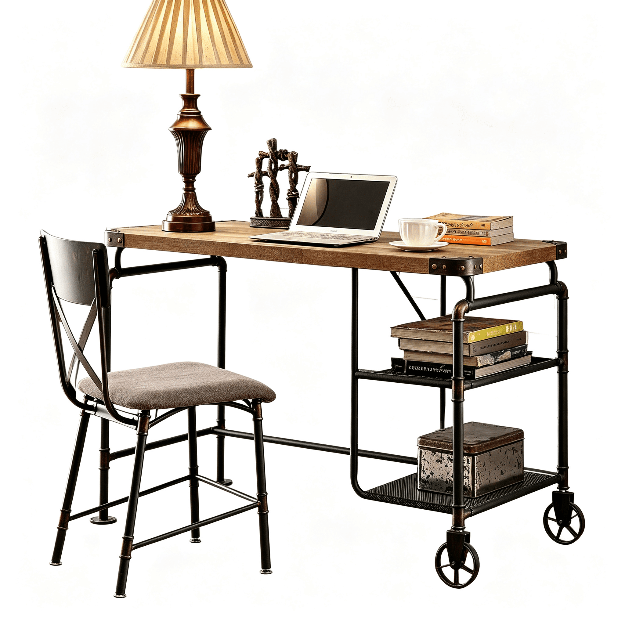 Astoutdoor Industrial Style Desk with Open Shelves and Casters, Antique Black Finish