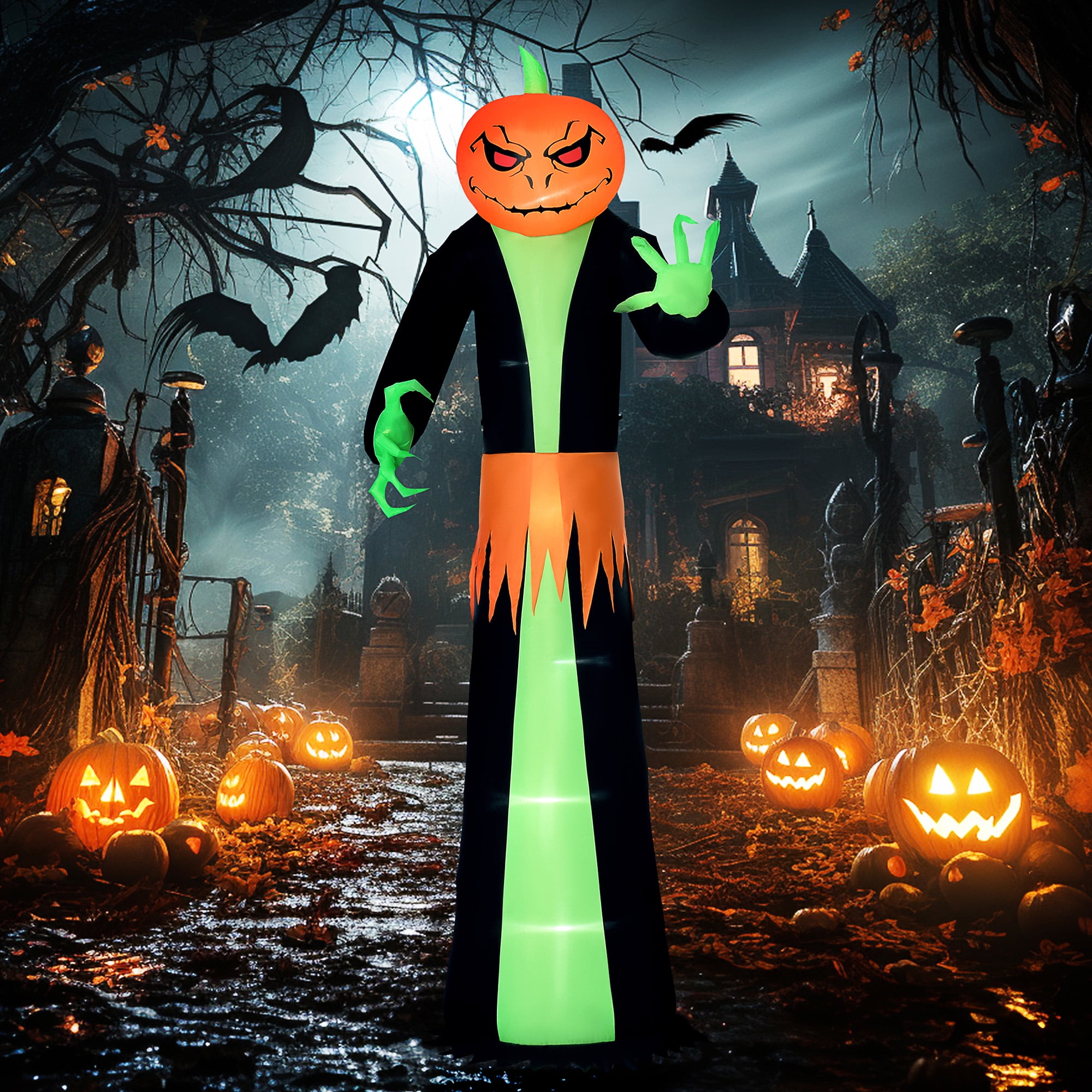 Astoutdoor Inflatable Halloween Pumpkin Ghost Decoration, Polyester, Green and Black