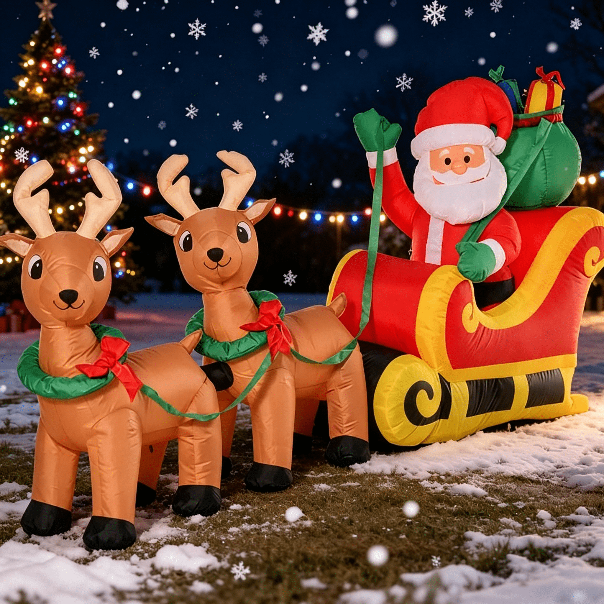 Inflatable Santa Claus with Sleigh and Reindeer Yard Decoration with LED Lights, Red/Yellow, 94.5 x 22.5 x 44 in