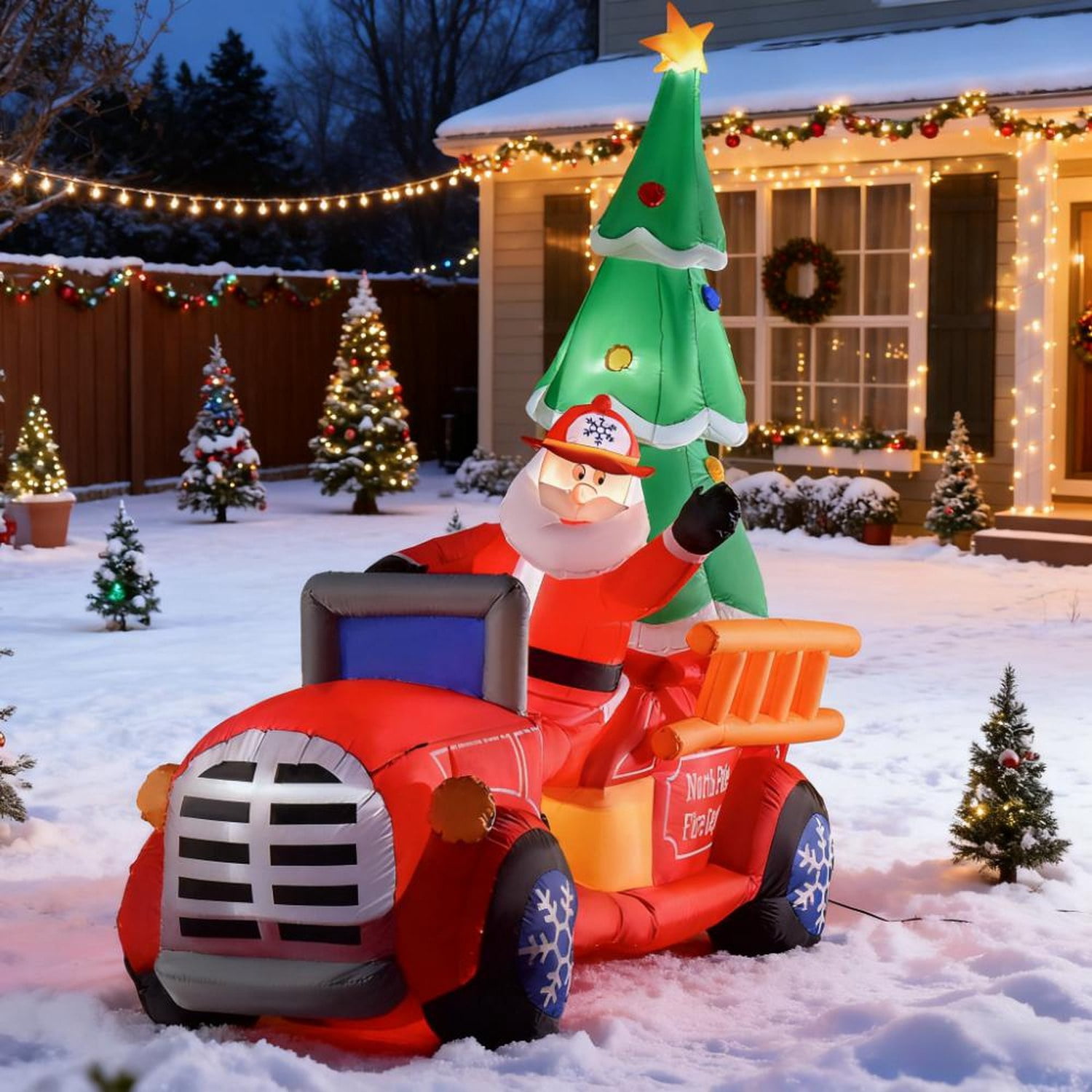 Inflatable Santa Fire Truck with Christmas Tree Outdoor Yard Decoration