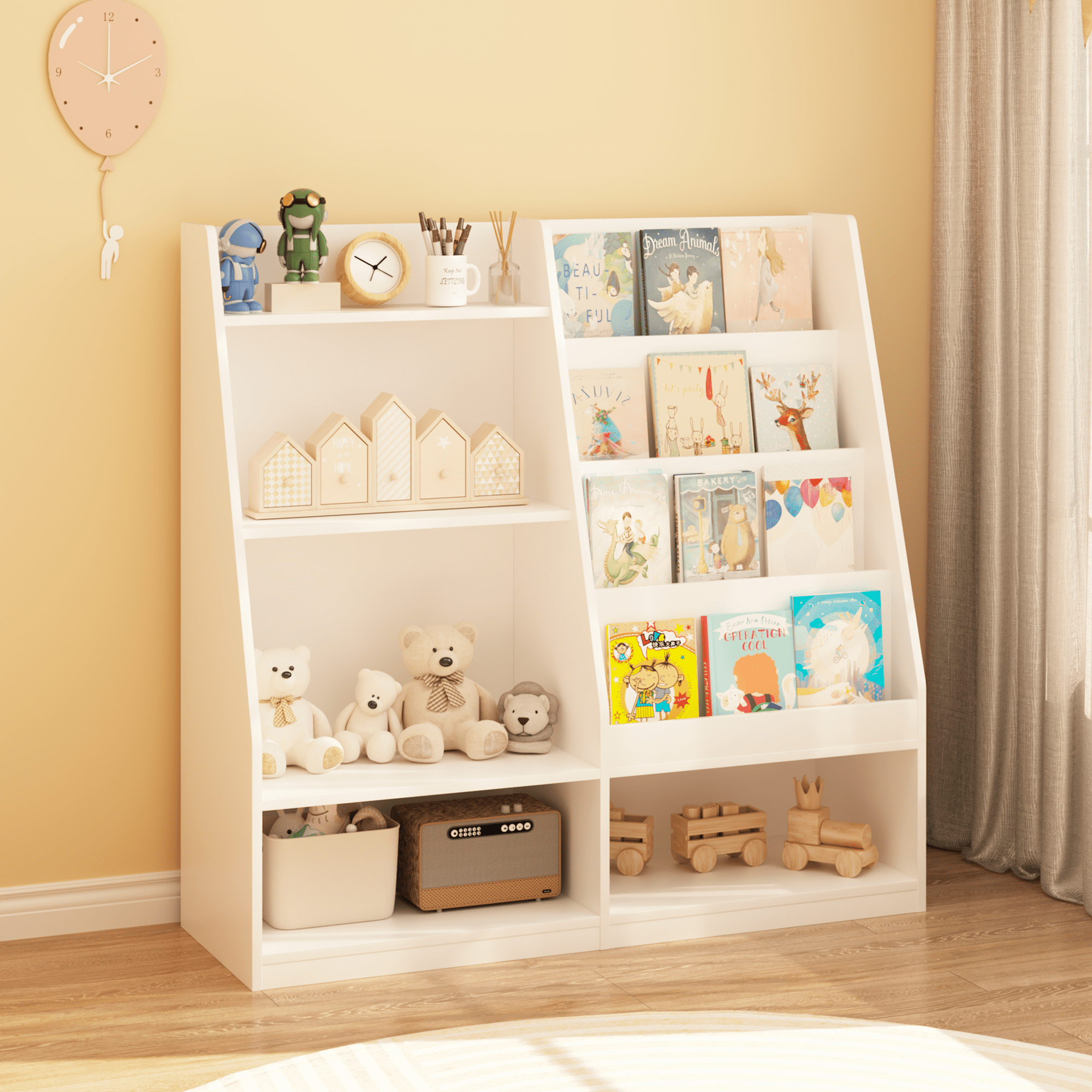 Kids Bookshelf and Toy Storage Organizer, 4 Tier Wooden Book Shelf with Display Stand for Kids Room Playroom Nursery, White