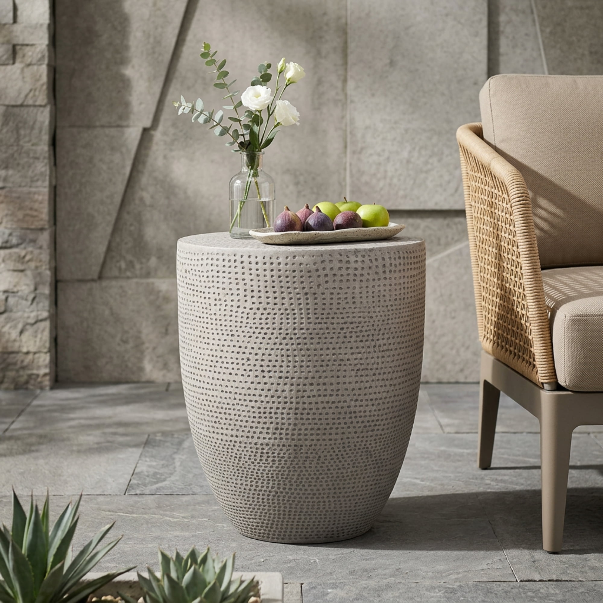 Light Gray Magnesium Oxide Outdoor Side Table 14.25x14.25x17.5 in