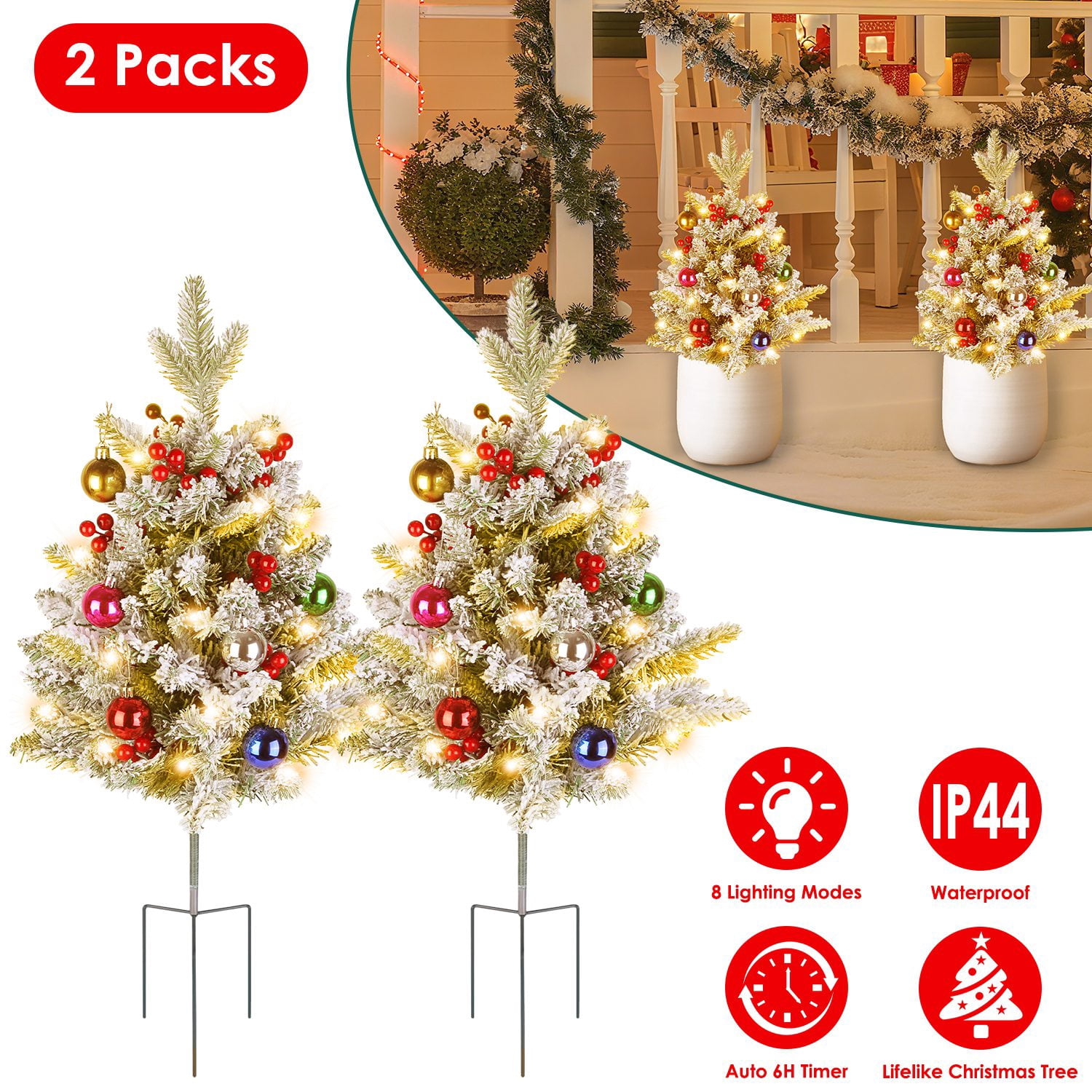 Astoutdoor Lighted Artificial Christmas Tree, 50 LED, 8 Lighting Modes, Auto Timer, IP44 Waterproof, Battery Operated, Red Berries, 13.78 in x 13.78 in x 27.56 in