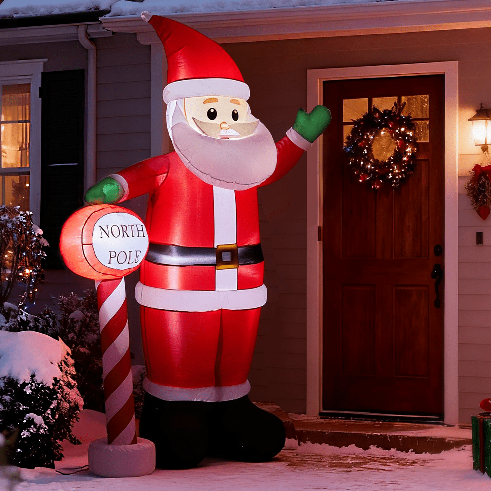 Astoutdoor Lighted Christmas Inflatable Decoration, Inflatable Santa with North Pole Road Sign, Blow Up Yard Decoration with Built-in LED Lights, 57.1 x 35.4 x 96.5 in