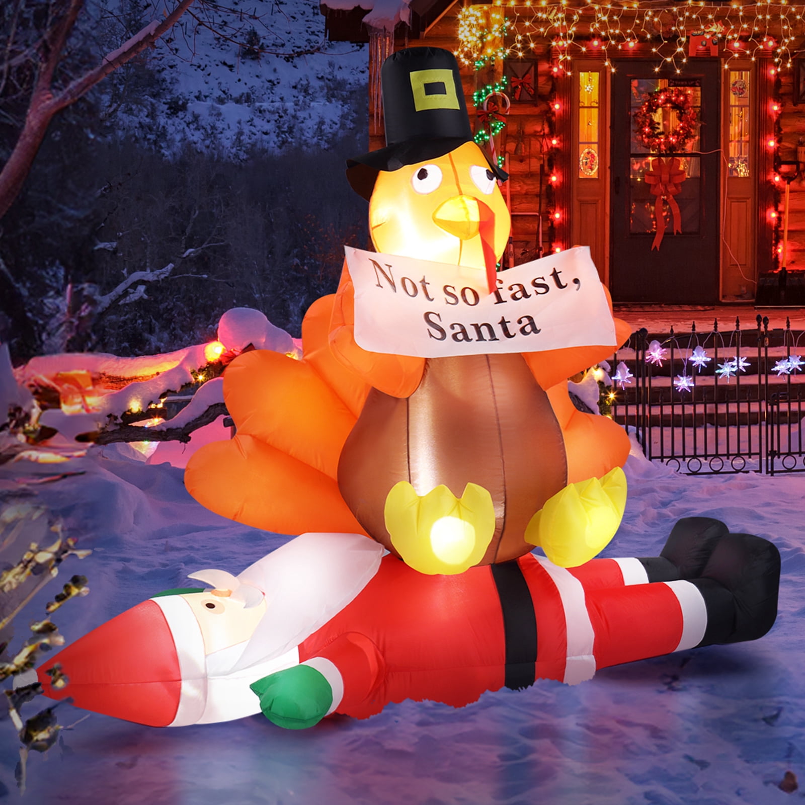 Astoutdoor Lighted Christmas Inflatable Decoration, Turkey Sitting on Santa Claus, 59.1 in, Built-in LED Lights, Blow Up Yard Decor