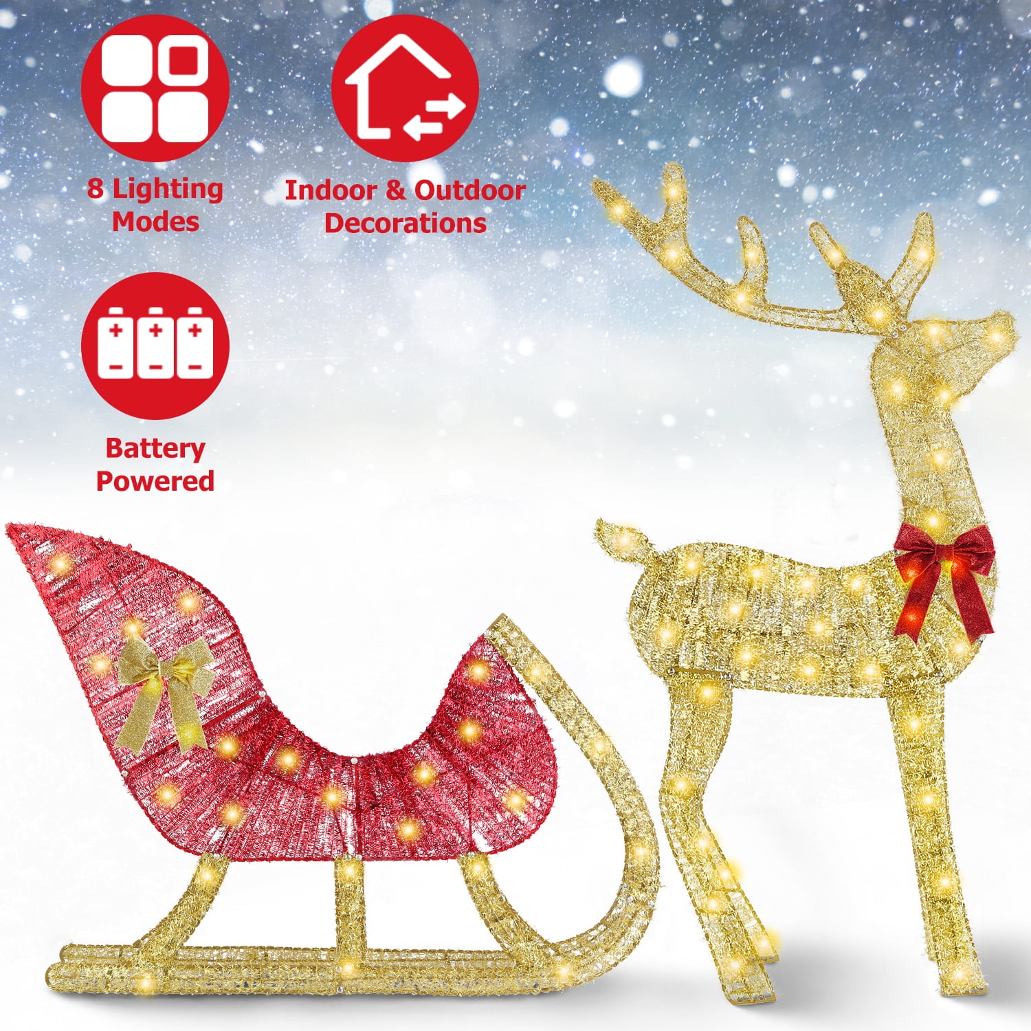 Astoutdoor Lighted Christmas Reindeer & Sleigh, 8 Modes, Warm Yellow LED, Iron & Stainless Steel, Indoor Outdoor, 16.93 x 12.99 x 1.97 in